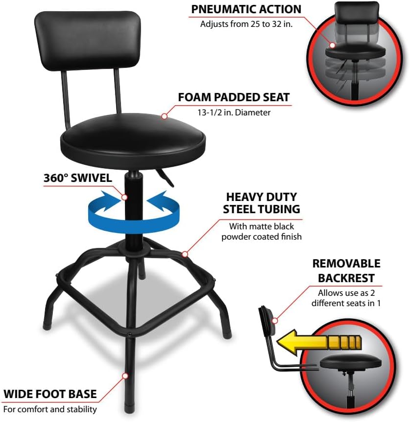 Performance Tool W85016 Pneumatic Stool w/Removable Backrest