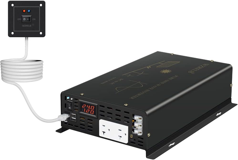 WZRELB Pure Sine Wave Power Inverter 3000W 24VDC to 120VAC 6000W Peak Dual AC Outlets 2× 2.4A USB Port &Hardwire Terminal with 16ft Remote Conrtol Off-Grid Solar Converter RV Trucks (VC300024U5WD-1)