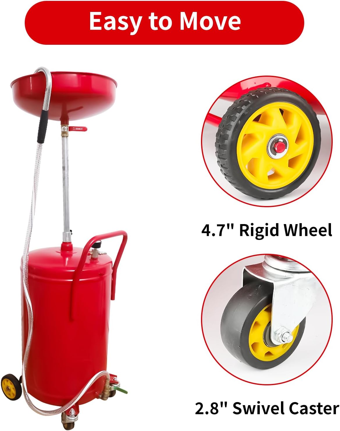 PONO 20-Gallon Air Operated Waste Oil Drain Tank with Wheels, Portable Industrial Fluid Drainage System - Adjustable Funnel Height for Auto Shops, Farm Equipment & Garage Use (Red)