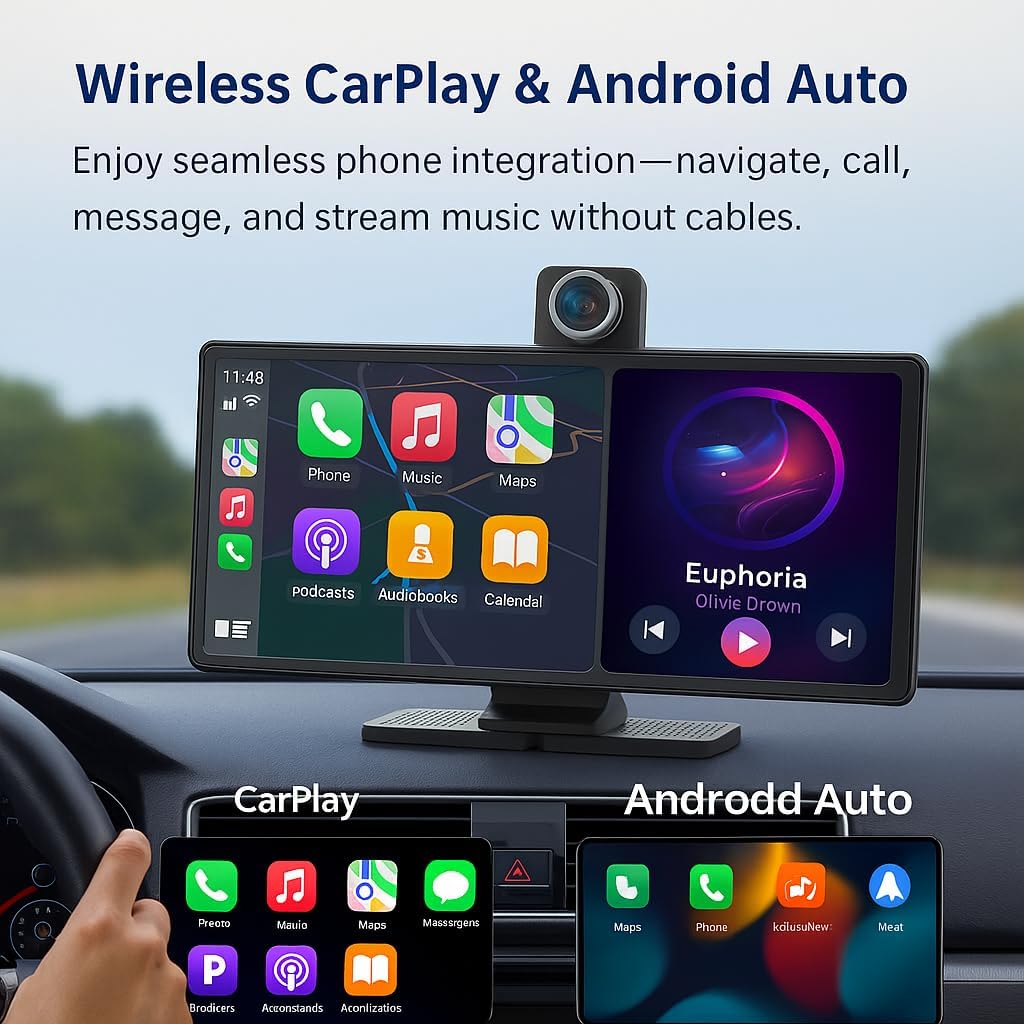 Portable Apple CarPlay & Android Auto β 10.26" Wireless Car Stereo, 4K Dash Cam, 1080P Backup Camera, Voice Control, GPS Navigation, Bluetooth, Mirror Link, Portable Touchscreen Display