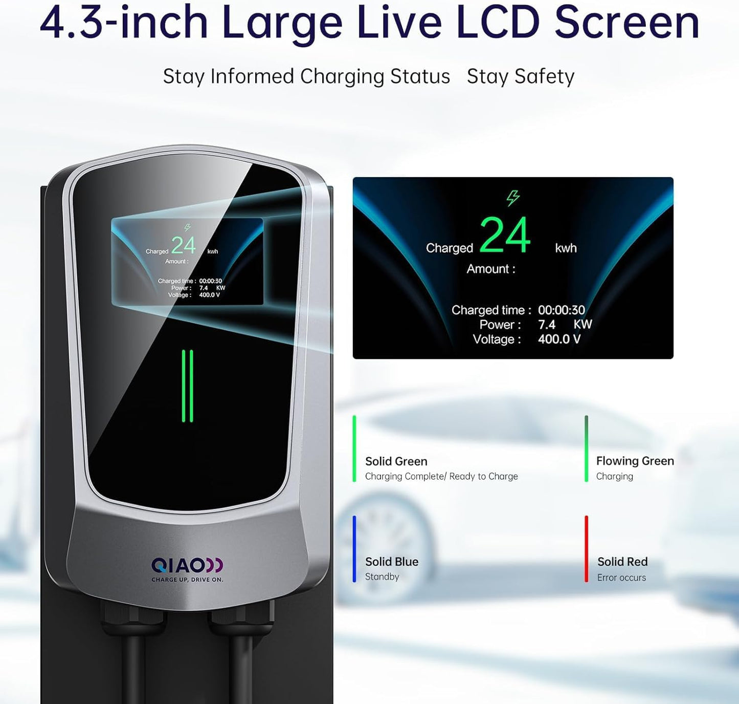 QIAO Level 2 EV Charger, Up to 40A Electric Car Charger, Wi-Fi Bluetooth APP Enabled EVSE, 4.3in Display, 25ft Cable, NEMA 14-50 Plug Charge Station Compatible with All SAE J1772 EV Models White