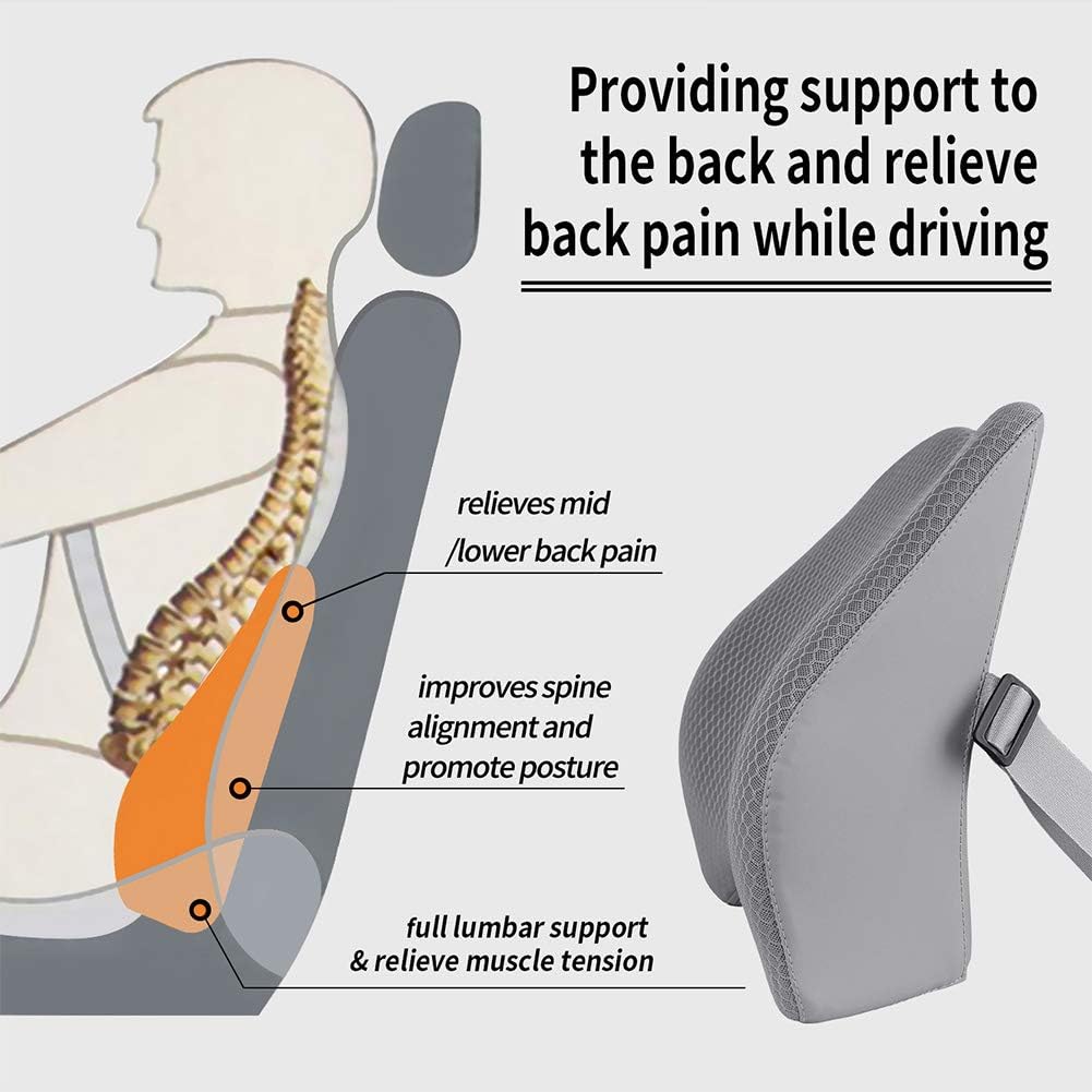 Memory Foam Lumbar Support Pillow for Car - Back Support for Car Seat (Gray)