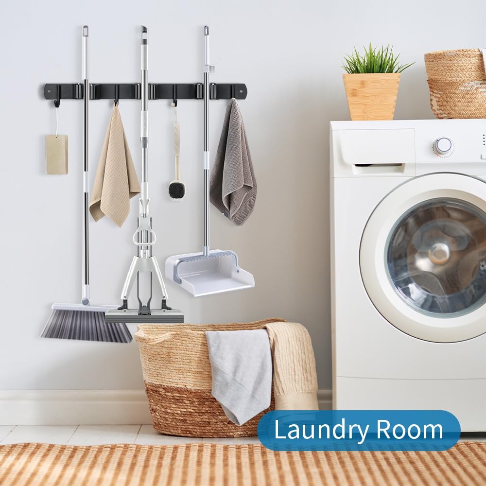 Broom Hanger and Mop Holder, Heavy Duty Garden Tool Organizer Rack Rake and Shovel Handle, Stainless Steel Wall Mounted Utility Rack with Screws (4 Racks with 5 Hooks, Matte Black).