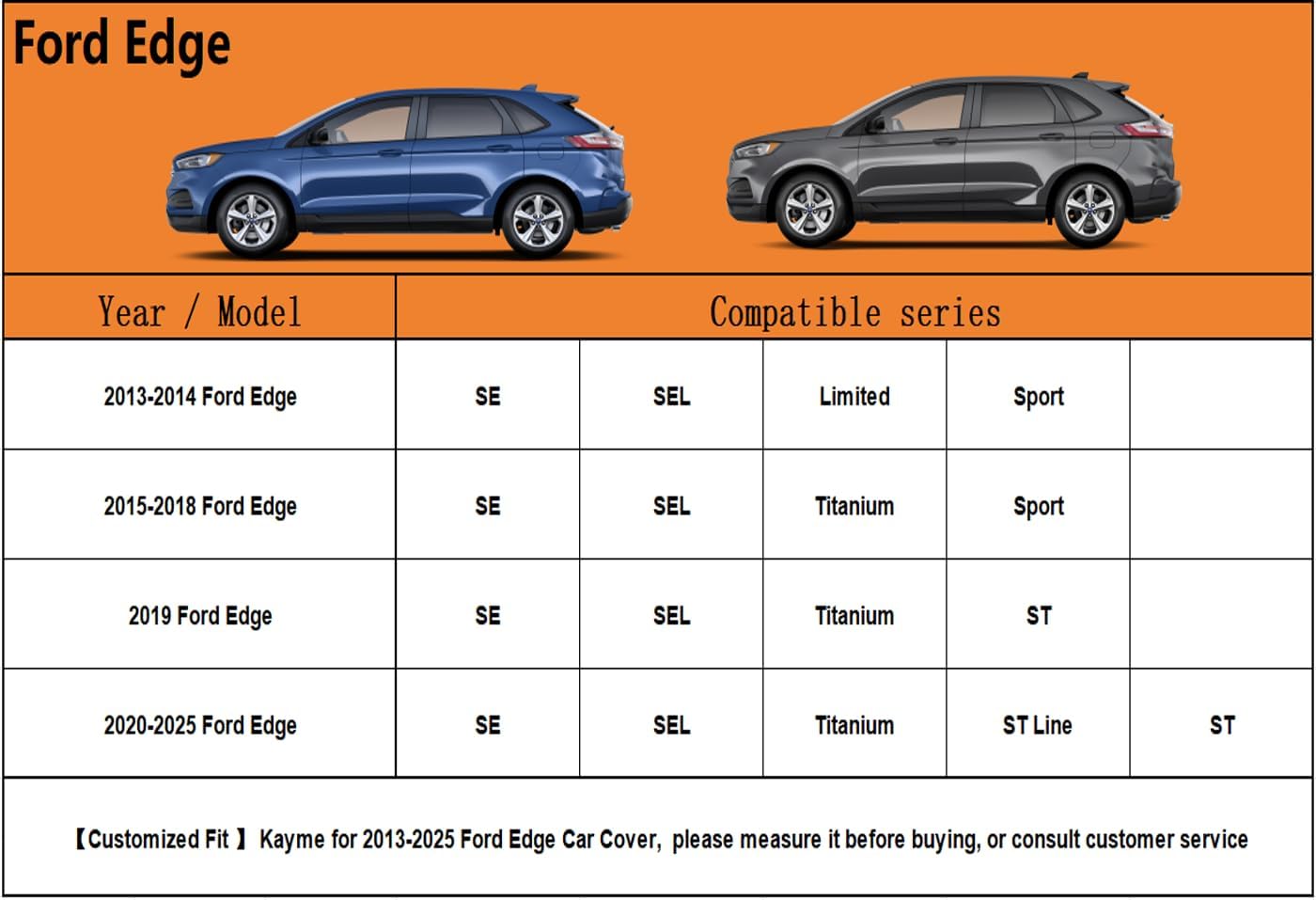 Kayme 6 Layers SUV Car Cover Custom Fit for Ford Edge(2013-2025) Waterproof All Weather for Automobiles, Outdoor Full Cover Rain Sun UV Protection.Silver