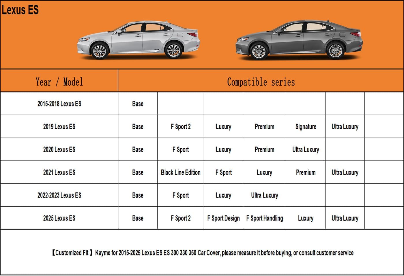 Kayme 6 Layers Car Cover Custom Fit for Lexus ES ES300 ES330 ES350 ES300h (2001-2025) Waterproof All Weather for Automobiles, Outdoor Full Cover Rain Sun UV Protection.Silver