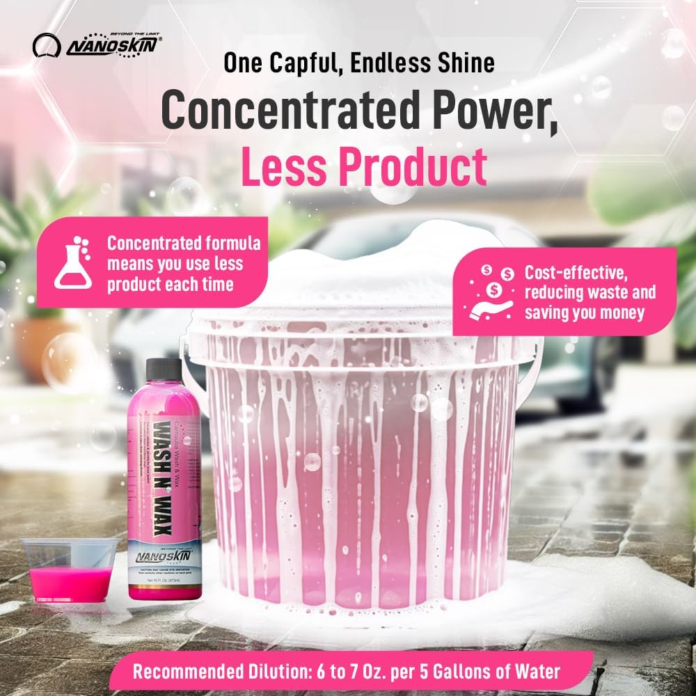 Nanoskin WASH N' WAX with Carnauba 16 Oz. - Cleans & Shines in One Step | Works with Foam Cannon, Foam Gun, Bucket Washes, Pressure Washer | Carnauba Wax Protection for Cars