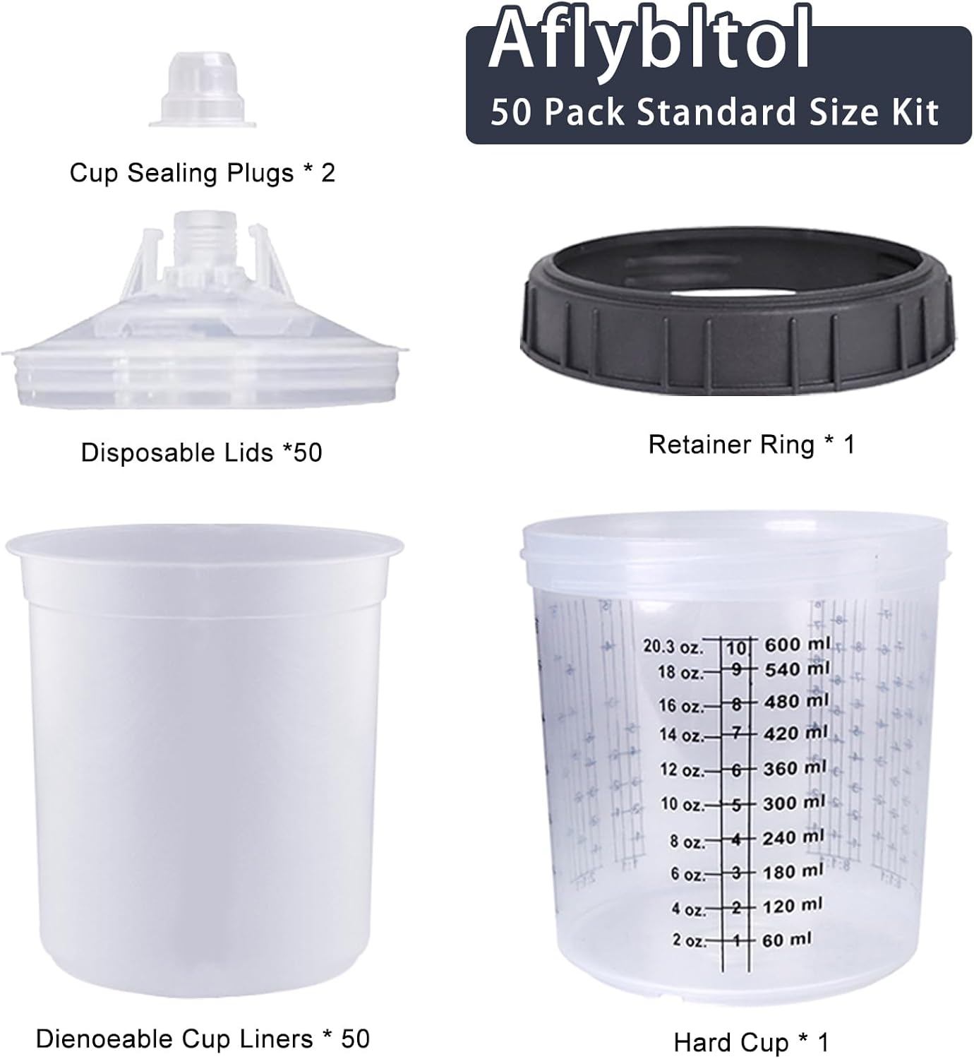 Disposable Paint Sprayer Mixing Cup for Automotive Paint Gun, HVLP Paint Spray Paint Gun 20 Ounce (600ml) Kit with 50 Cups and Lids System, 1 Hard Cup with Retainer Ring and 10 Plugs