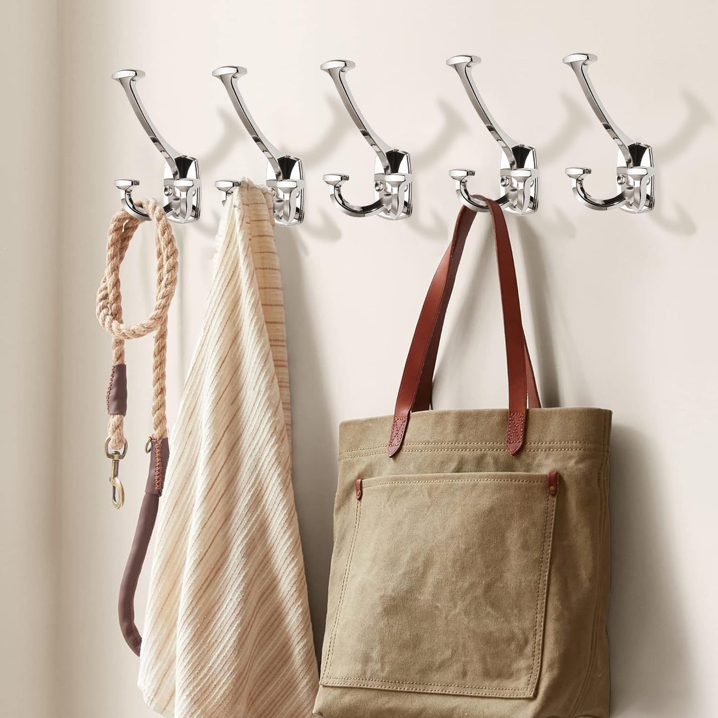 Large Wall Double-Sided Hook 5 Pack Polished Nickel Hook Decorative Heavy Duty Solid Large Coat Hooks for Towel Hanging Coats Robe Towel Bags Door Back 2 Prong Hooks