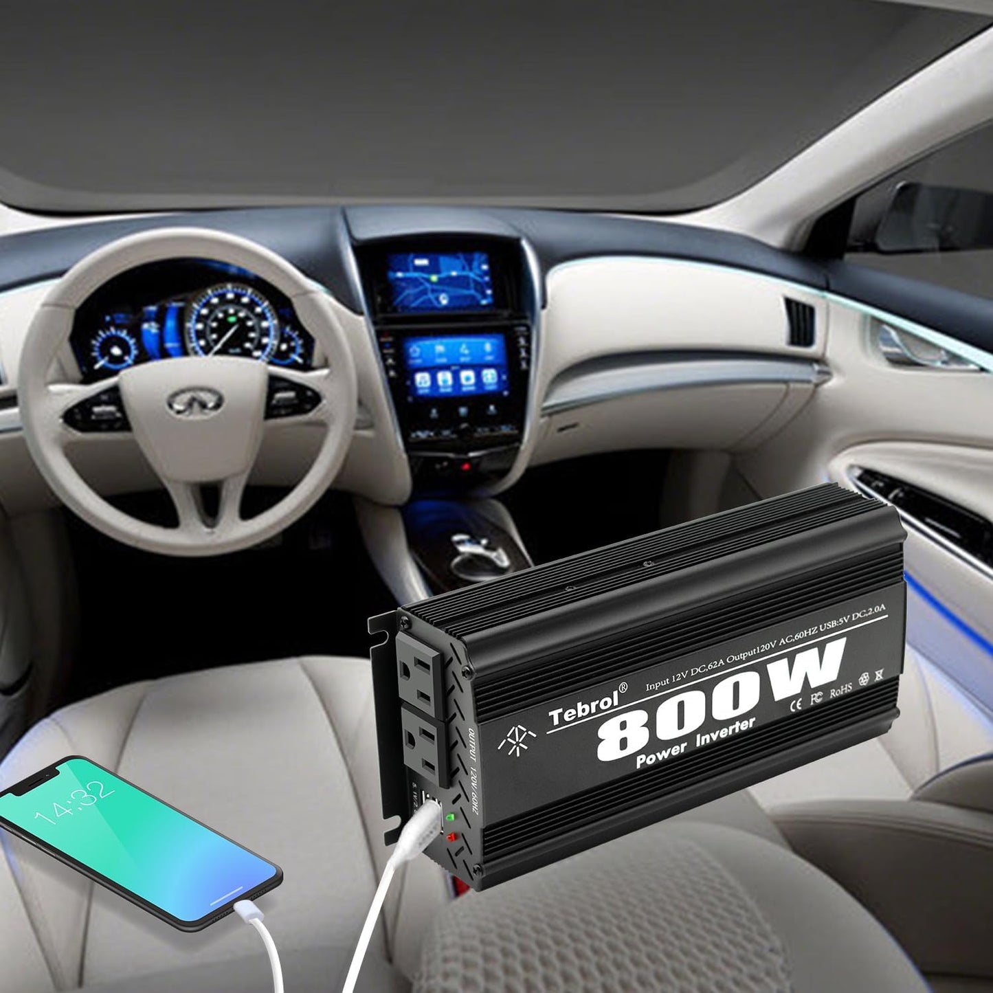 800W Power Inverter DC 12V to AC(2 Outlets) 110V Car Inverter Adapter Converter with 2.1A Dual USB Charging Ports for RV Camping Travel