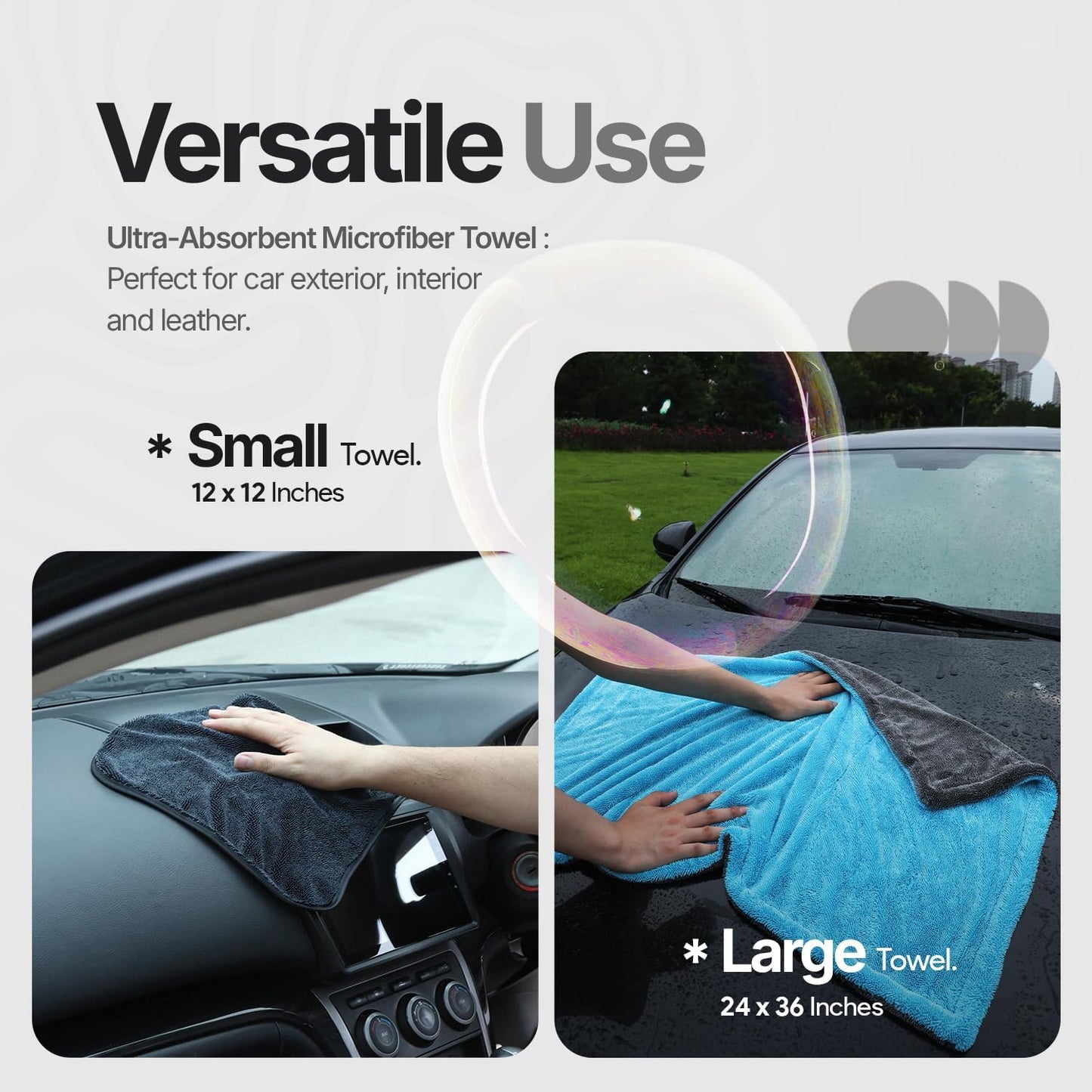 Microfiber towels for cars - 1300GSM X Large size Double twisted loop 2pcs - 70/30 Blend Quick Dry High absorbent Edgeless Streak free - Car drying towel for detailing 24x36″ & 12x12 (Grey+ Aqua Blue)