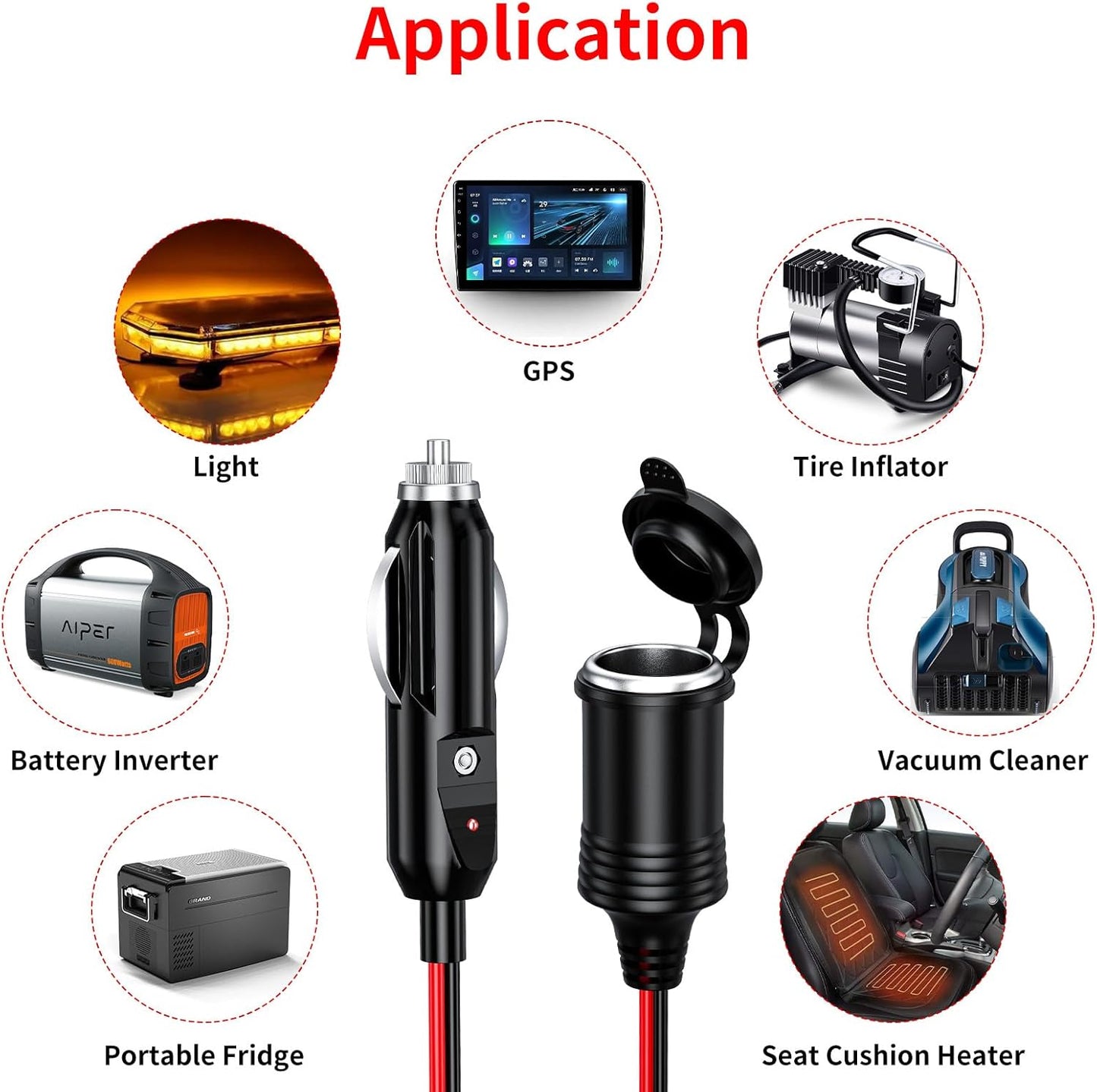 KEWIG 12/24V Car Cigarette Lighter Extension Cord - 4.9FT Cigarette Lighter Plug Cable- 16AWG Heavy Duty Extension Cable with 15A Fuse and LED Indicator