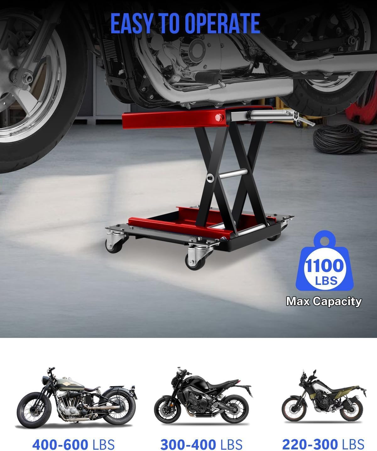 Heavy Duty 1100LBS Motorcycle Scissor Lift Jack with Dolly Wheels, Hand Crank & Non-Slip Platform - Adjustable Bike Lift Stand for Cruiser, Dirt Bike, ATV - Foldable,Garage Repair Equipment