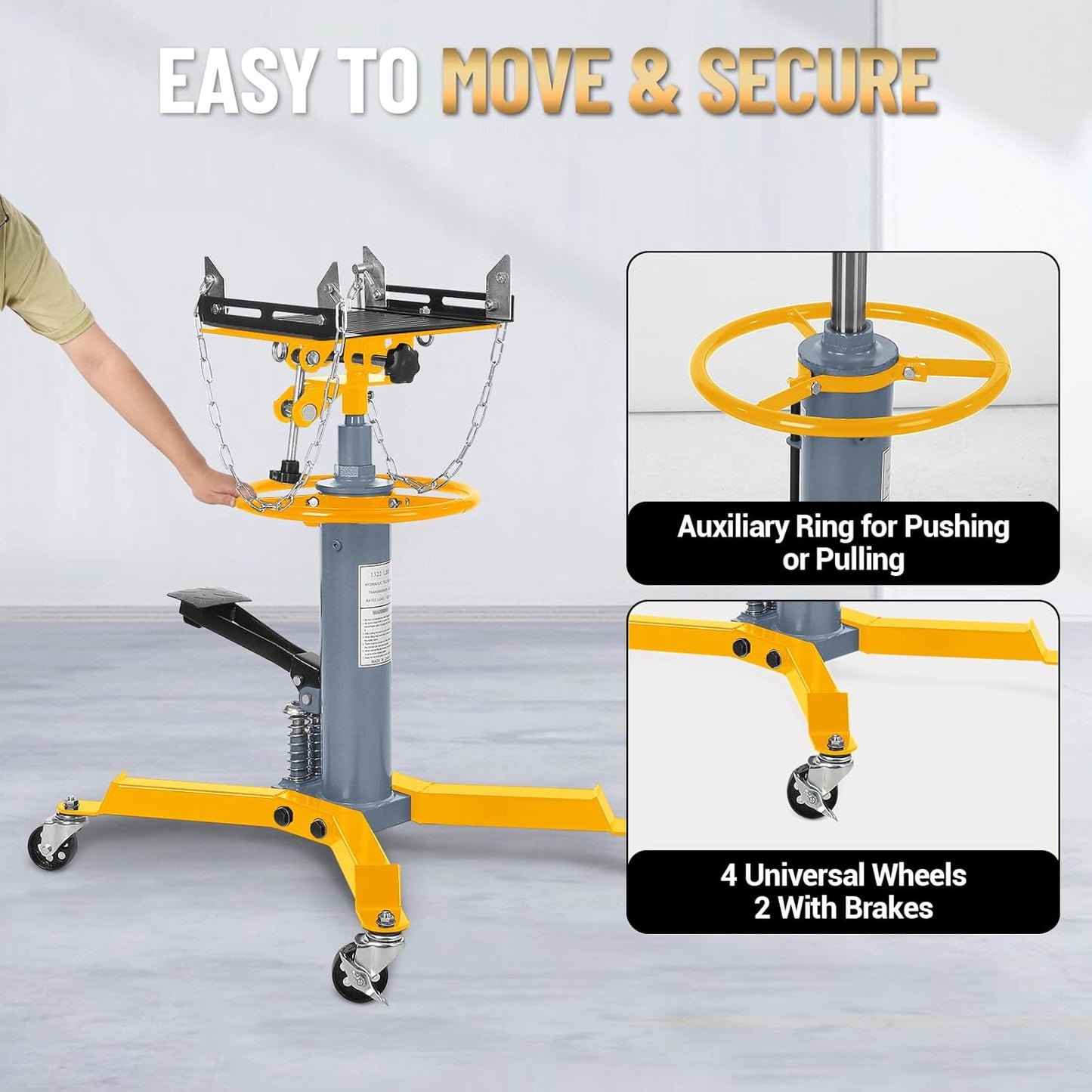 Dual Plunger Hydraulic Transmission Jack 1322lbs Capacity, 33.5"-69" High Lift 2-Stage Hydraulic Telescoping Jack, Trans Jack Stand with Non-Slip Pad, Foot Pedal & Swivel Wheel, Yellow