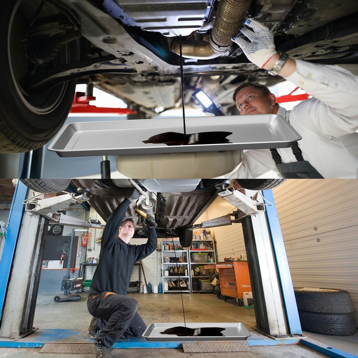 2 Pcs Under Car Oil Pans for Changing Oil, Motorcycle Automotive Oil Change Pan Silver Rust Resistant Drip Tray, Oil Catch Pan Replacement Tray for Garage Machinery Supplies (23.5 x 15.6 Inch)