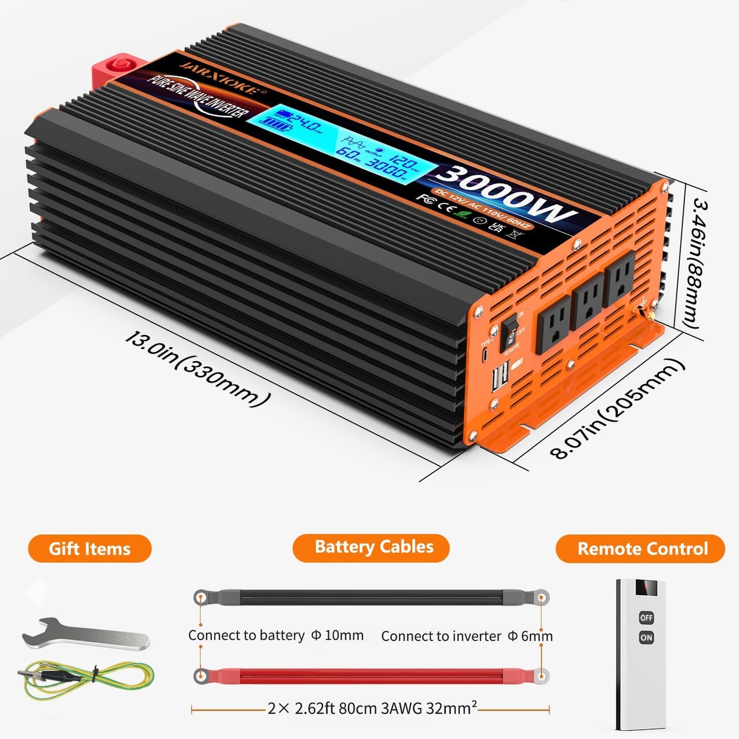 3000 Watt Pure Sine Wave Power Inverter 24V DC to 110V 120V Converter for Family RV Off Grid Solar System Car with Type-C Ports 4 AC Power Outlets Dual USB Ports LCD Display Wireless Remote Control