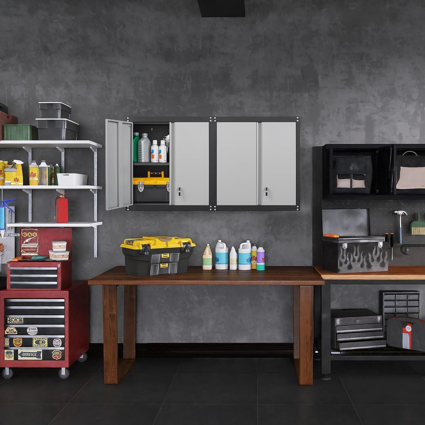 GREATMEET Lockable Storage Cabinet, Metal Garage Storage Cabinets, Metal Wall Cabinet for Garage, Wall Mount Cabinet with Lock and Adjustable Shelf, Floating, Black&Grey
