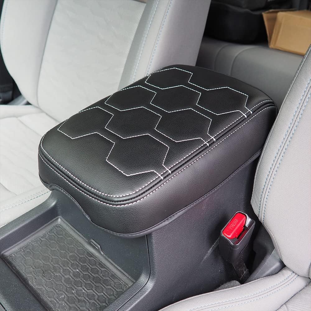 Muslogy for Frontier Center Console Pad Armrest Box Cover Vegan Leather Soft Accessories Armrest Lid Protector Compatible with Nissan Frontier 2022-2024 2025 (Regular Thick, V1 White Stitching)