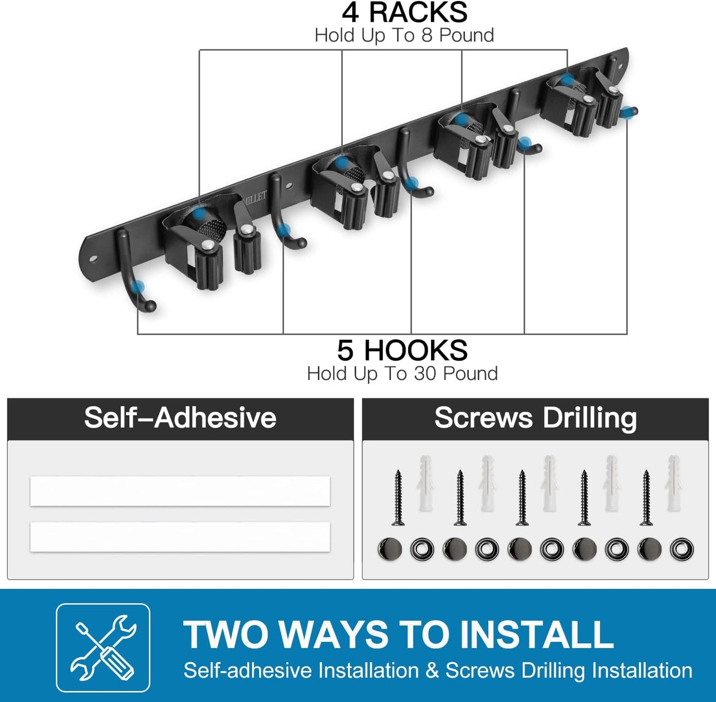 IMILLET 2 Pack Broom and Mop Holder Wall Mounted, Broom Holder Stainless Steel Broom Organizer Heavy Duty Tools Organizer Self Adhesive for Laundry Room Garage Garden(4 Racks and 5 Hooks)