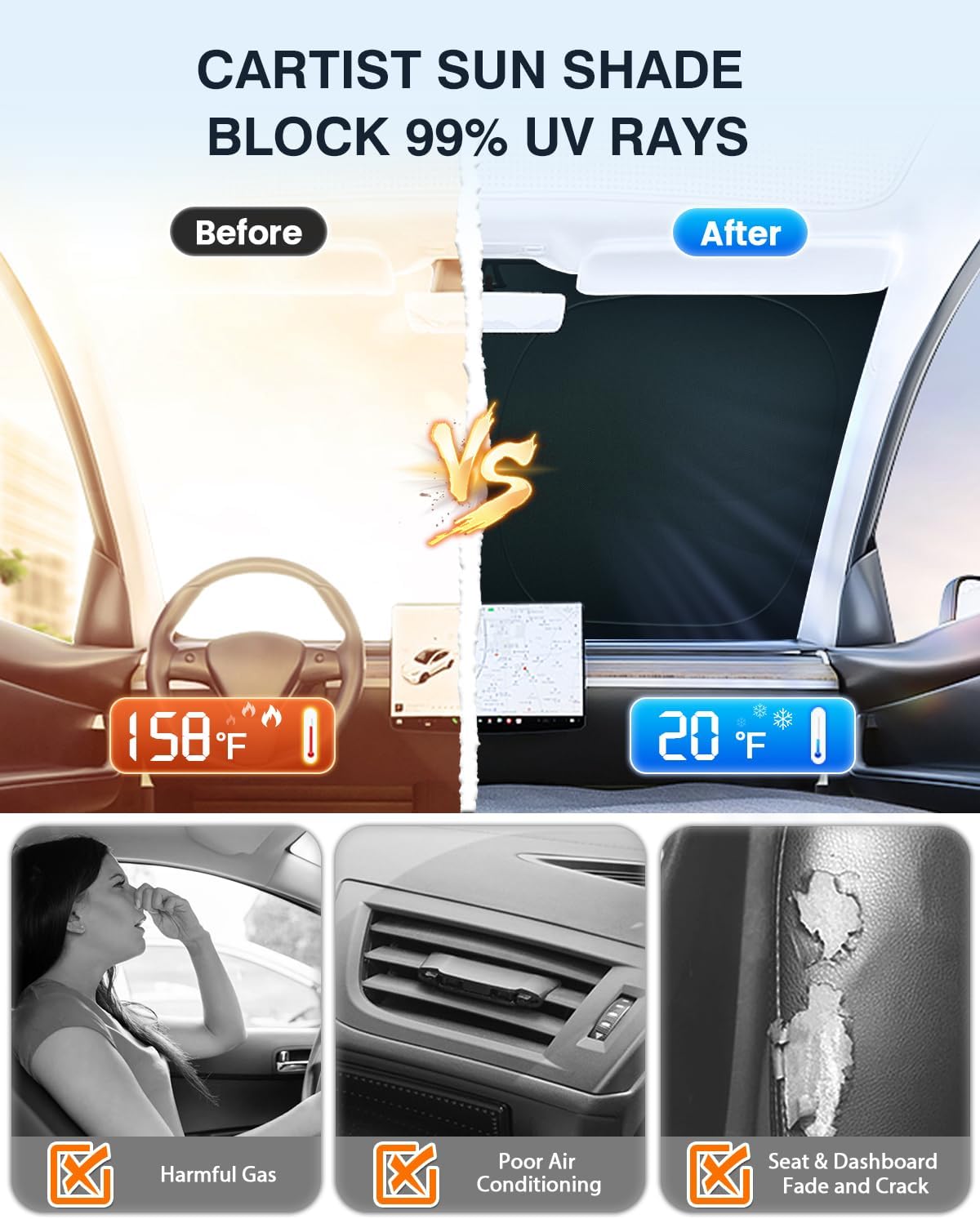 Cartist 5-Layer Windshield Sun Shade Fits for Hyundai Santa Cruz 2022-2025 2026 Hyundai Santa Cruz Accessories Foldable Car Front Window Sunshade Sun Visor