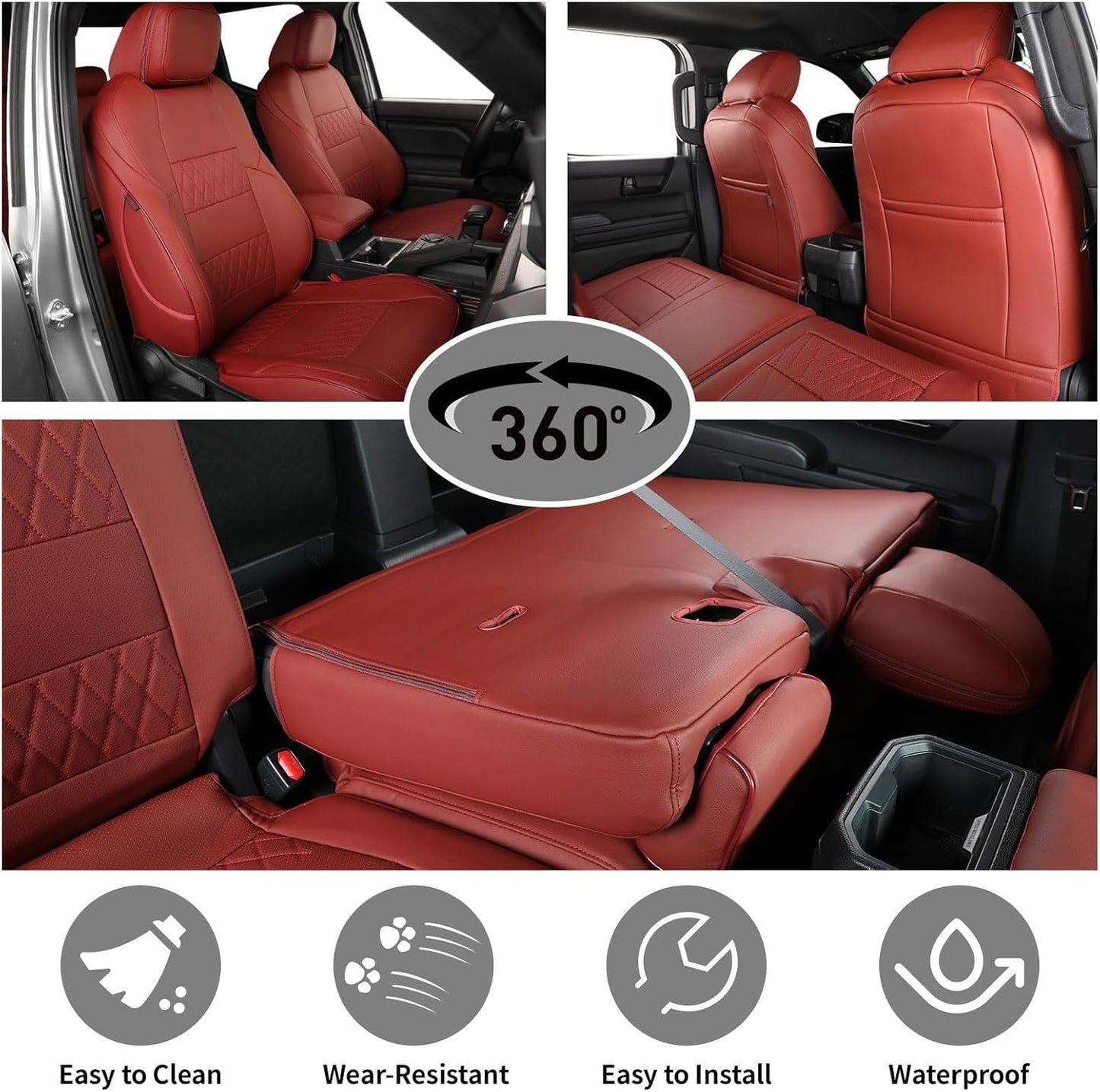 EKR Custom Fit Tacoma Car Seat Covers for Select Toyota Tacoma (Petrol) 2024 2025 Double cab SR,SR5,TRD Sport,TRD Off-Road,Limited - Full Set,Leather(Burgundy)