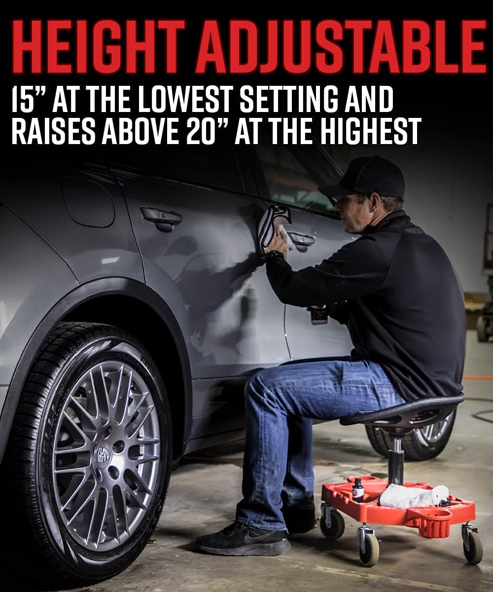 Adam's Polishes Pro Rolling Stool, Car Detailing Stool Chair, Shop Stool with Wheels, Garage Organizer, Tool Organizer Tray, Adjustable Height for Car Cleaning Buffer Polisher Ceramic Coating Car Wax