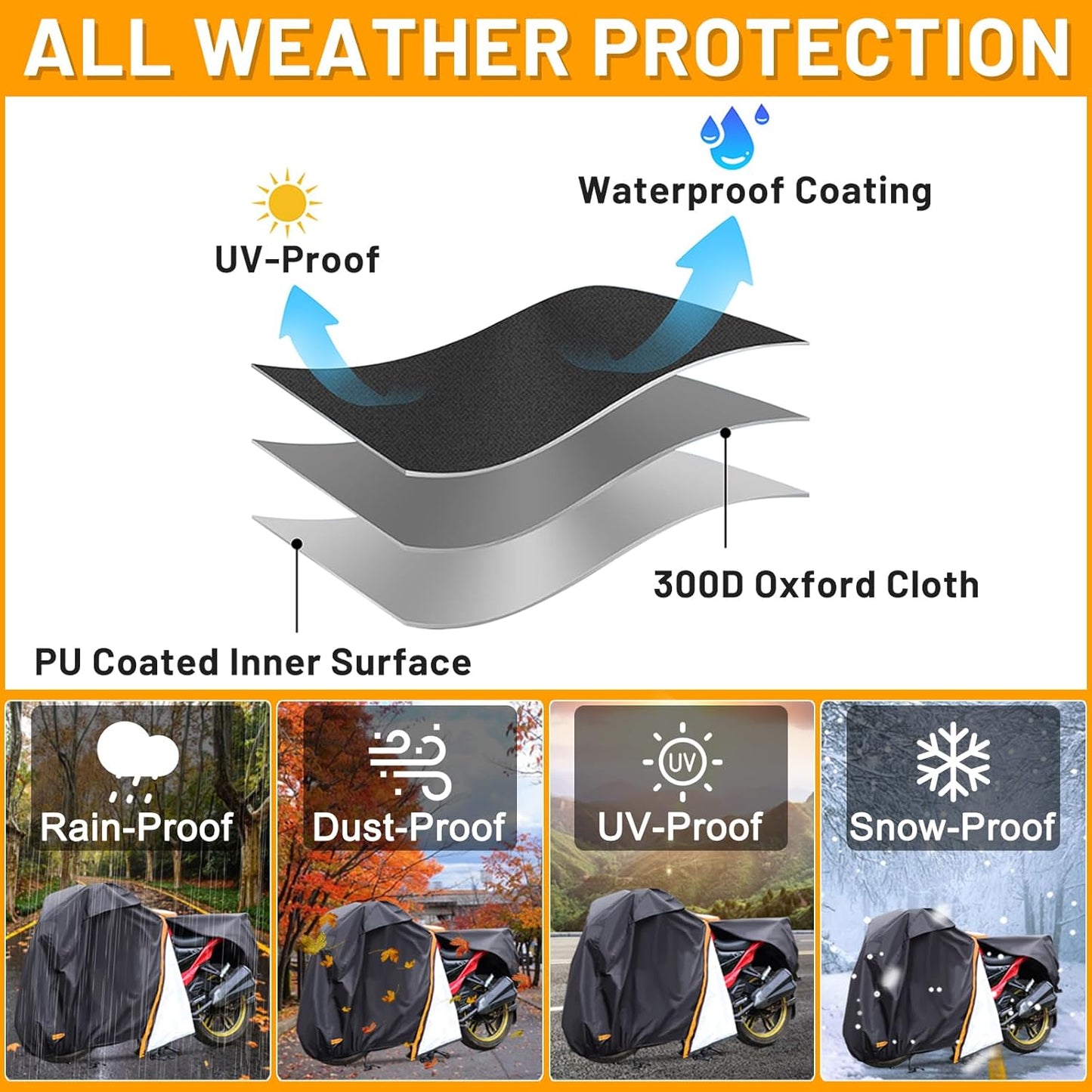 Motorcycle Cover,Waterproof Zipper Outdoor Cover for All Seasons Windproof, High Heat Resistance Dustproof and Rainproof Snowproof(Orange Zipper XXL Fits Up to 108 inch)