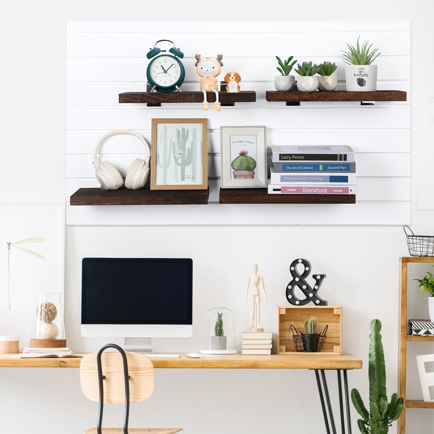 4 Pack Wooden Slatwall Shelf, 16.1" D x 6.7" W x 1.1" H Slatwall Shelves with Metal Hooks Organizer Set Mounted Accessories for Garage Home Workshop Workbench (Brown)