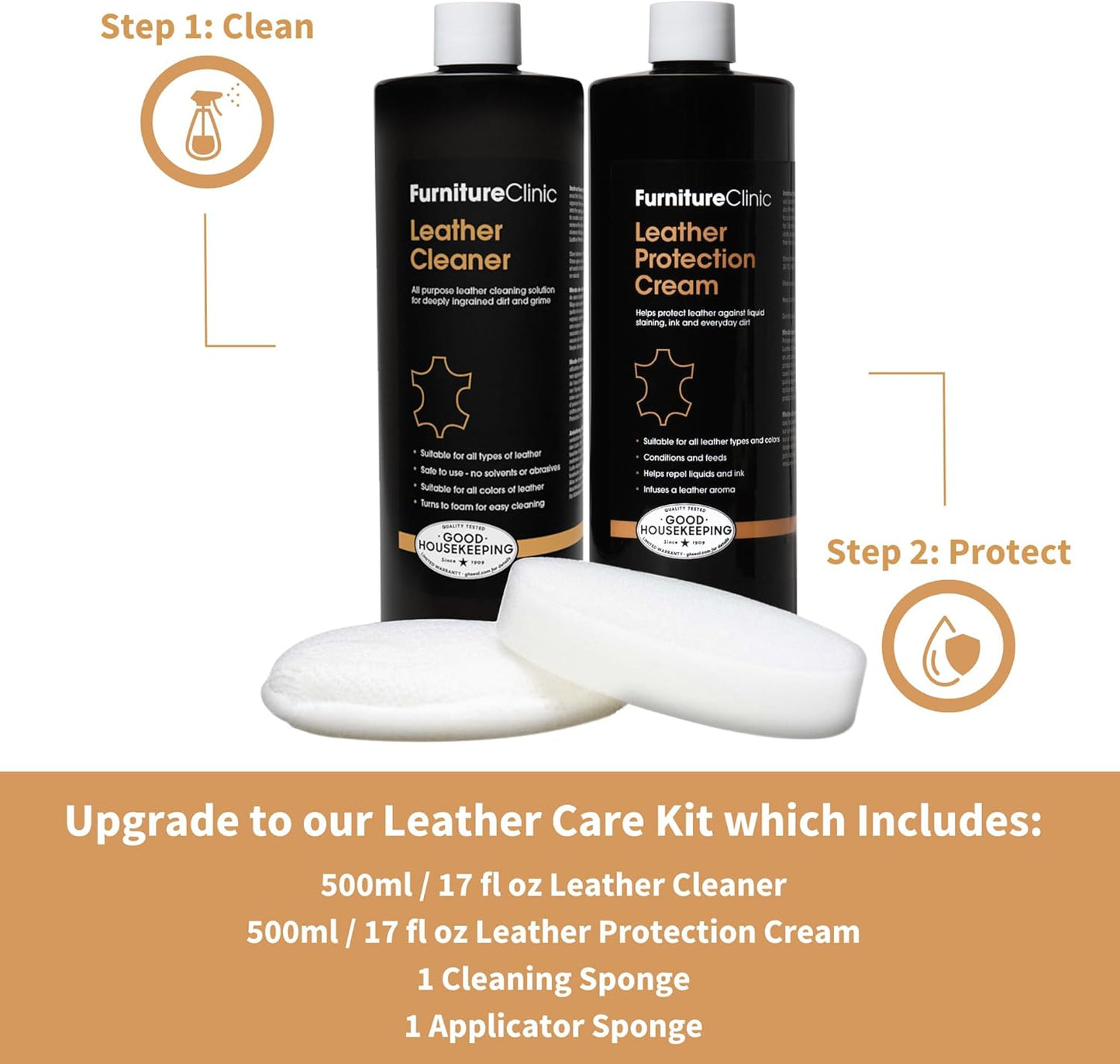 Furniture Clinic Leather Protection Cream | 2-in-1 Leather Conditioner & Waterproofing Protector for Furniture, Shoes, Car Seats & More | Prevent Stains While Nourishing | 17oz/ 500ml