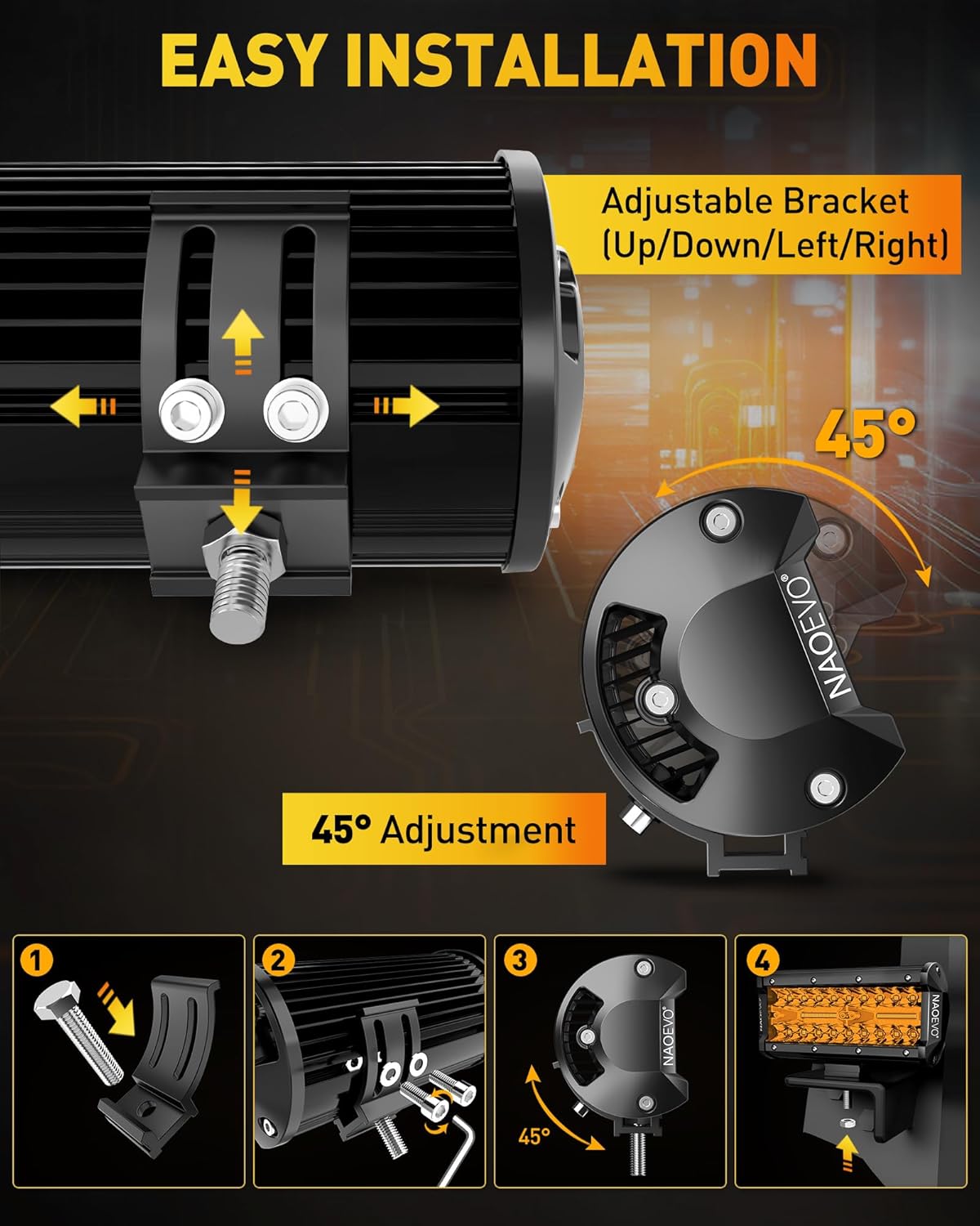 NAOEVO 7 Inch Amber LED Light Bar, 240W 24,000LM Offroad Fog/Driving Lights LED Pods with 2 Leads Wiring Harness Kit, Spot & Flood Work for Truck Boat UTV ATV, 2-Pack (Amber)