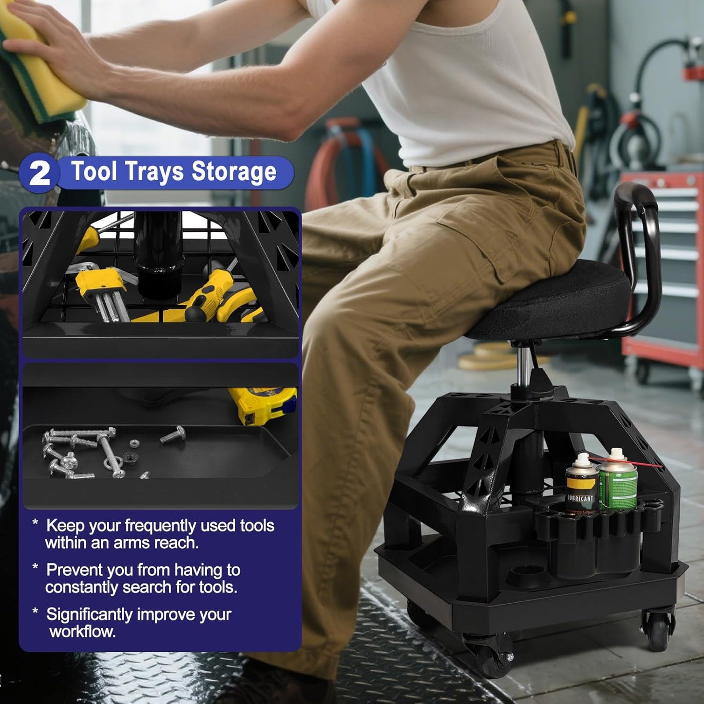 Rolling Shop Stool with Wheels, Heavy Duty Garage Work Mechanic Stool with Backrest, Adjustable Height 360°Swivel Rolling Chair with Tool Tray Storage, 330 LBS Capacity, Black