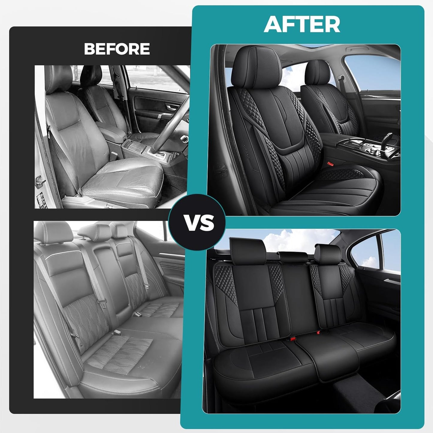 Car Seat Covers Full Set - Universal Seat Covers for Cars SUV Truck – Faux Leather Automotive Seat Covers, Breathable & Waterproof Front and Rear Seat Protectors, Fit for Most Cars-Black