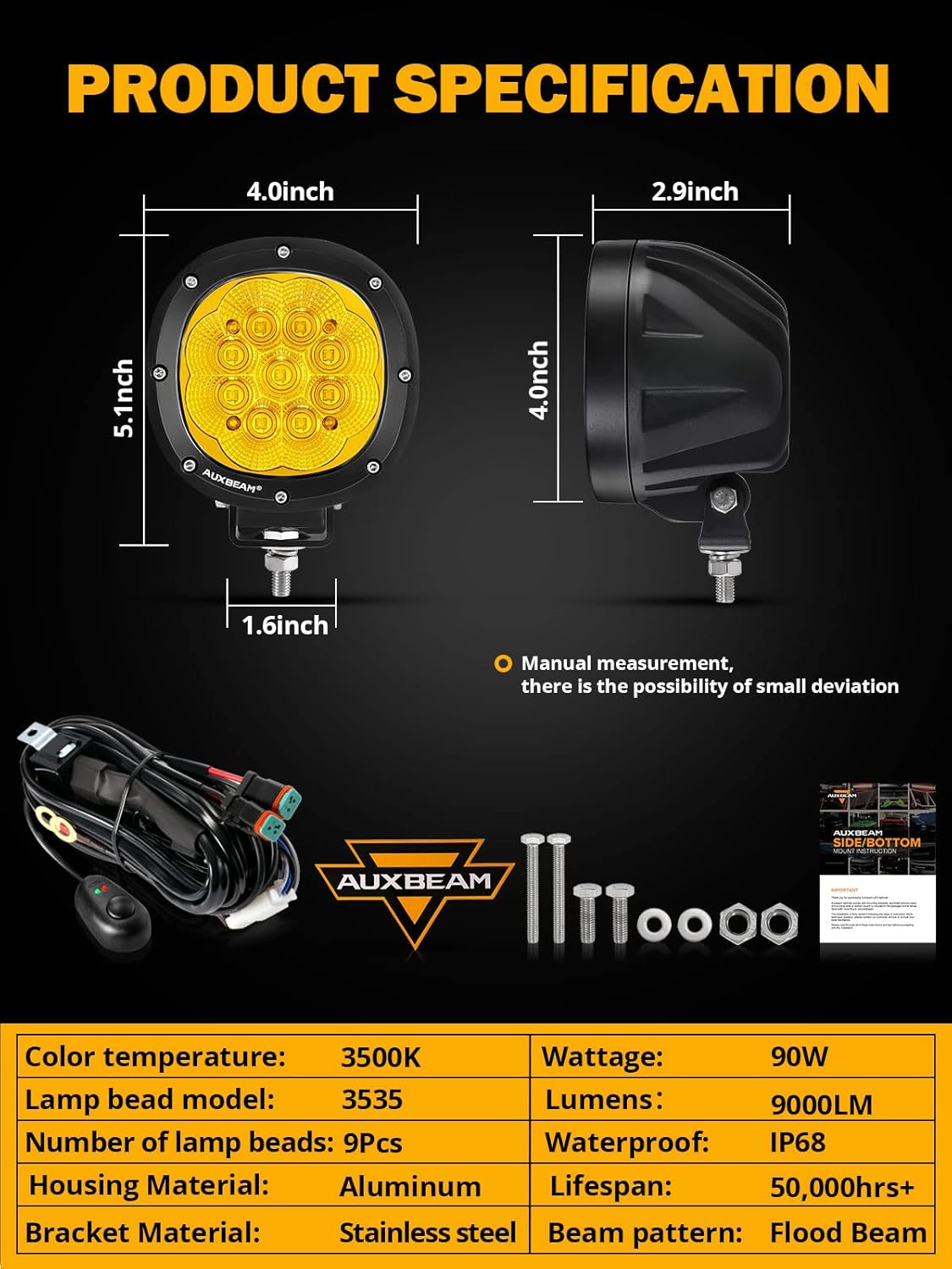 Auxbeam 4 Inch Amber Round LED Driving Light, 2PCS 90W 9000LM Yellow Fog Pods Light Bar Off-Road Flood Work Energy-Efficient Lights with DT Plug Wiring Harness Kit for Truck Jeep Pickup ATV UTV SUV