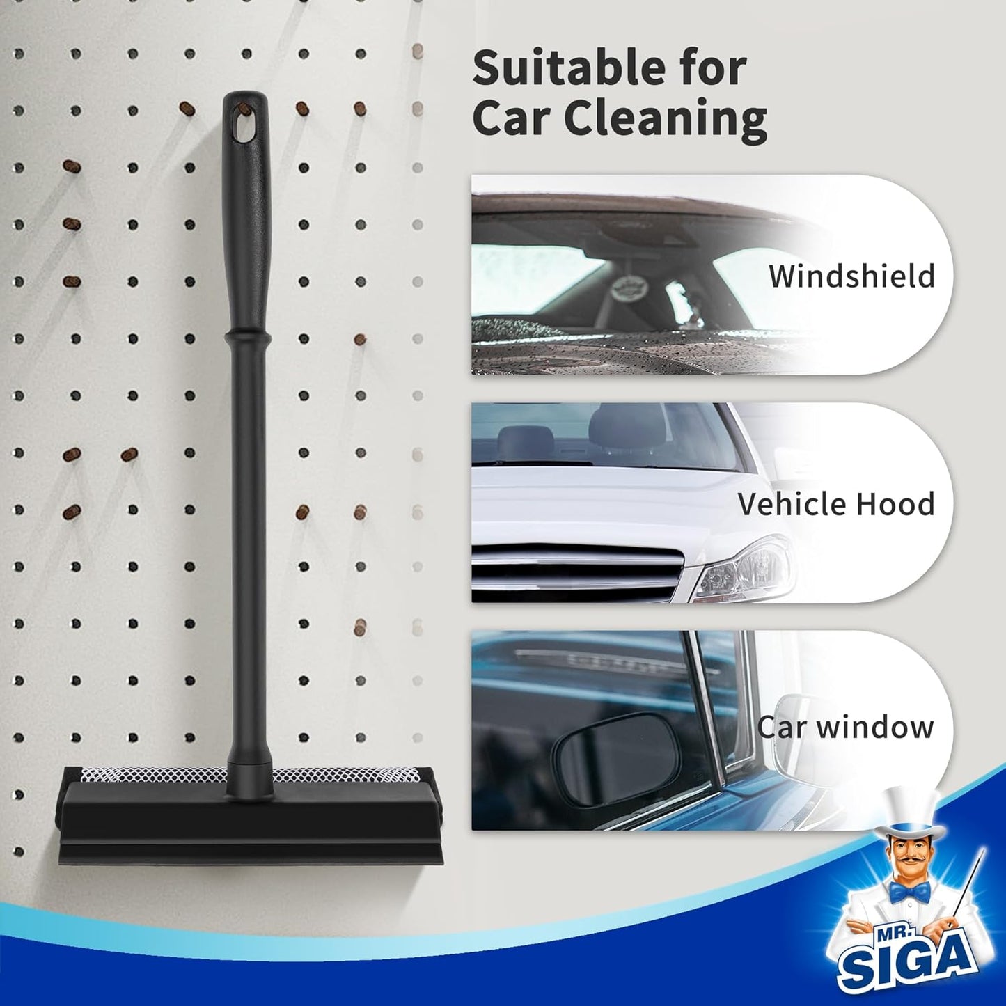 MR.SIGA Professional 2-in-1 Car Window Squeegee and Sponge Scrubber for Cleaning and Washing, Rubber Blade Cleaner With Handle, Black