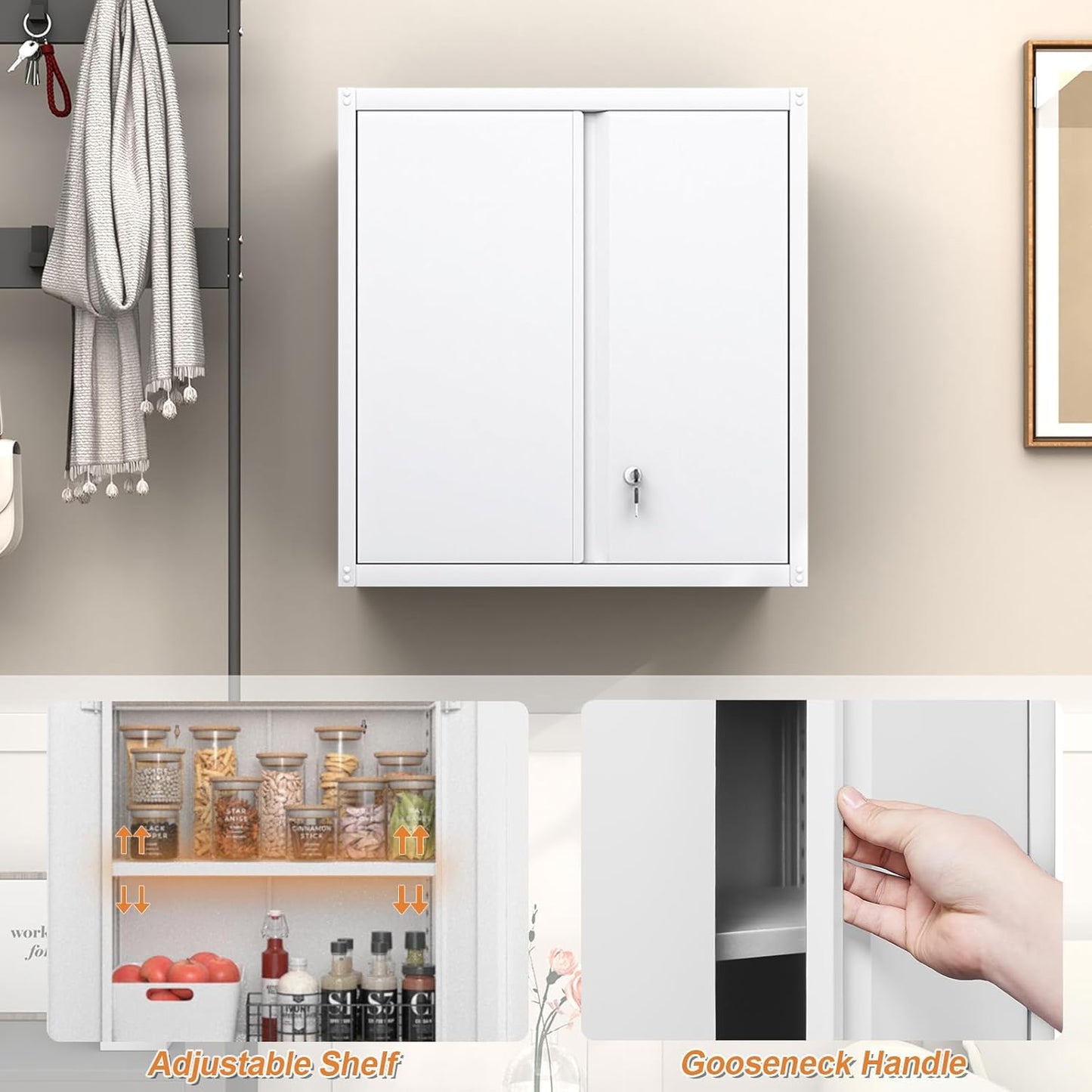 GREATMEET Metal Wall Cabinet, Wall Mounted Cabinet with Doors and Adjustable Shelf, Metal Storage Cabinet with Lock, Wall Cabinet for Garage, Pantry, Utility Room, White