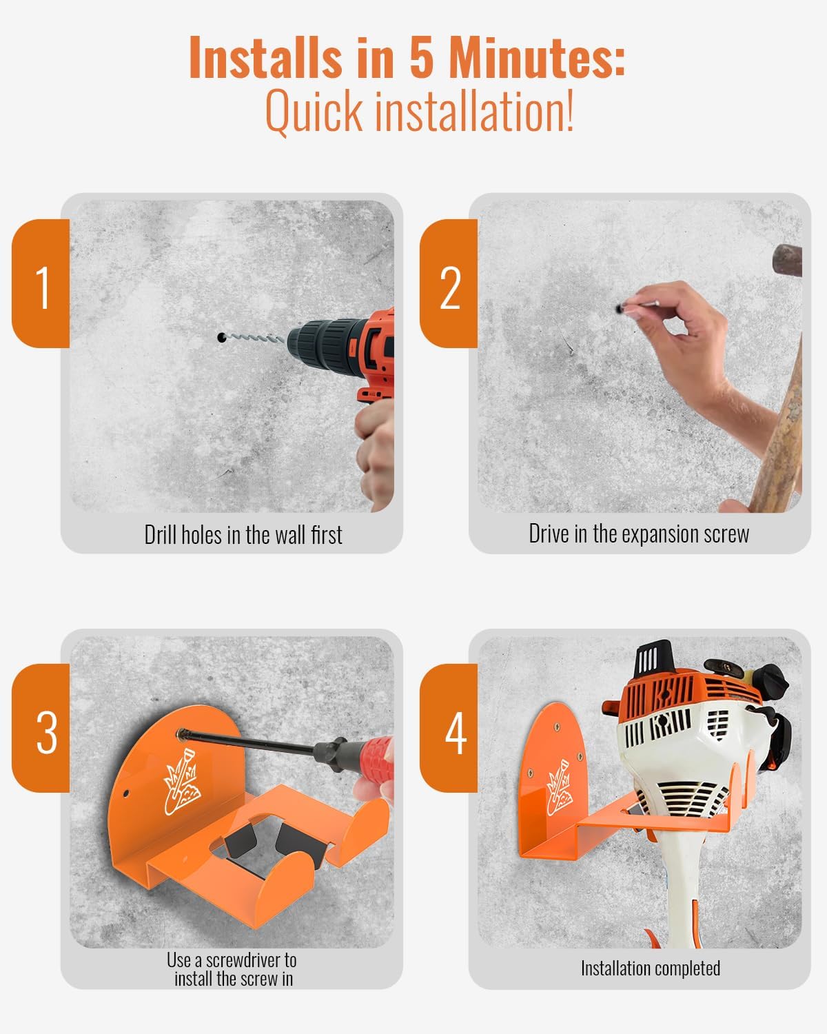 Weedeater Rack & Garden Tool Hanger - 180LB Heavy-Duty Alloy Steel Wall Mount Set, for Stihl Power Tools, Grass Trimmer, Garden Tools, Space-Saving Storage for Garage, Shed, Workshop