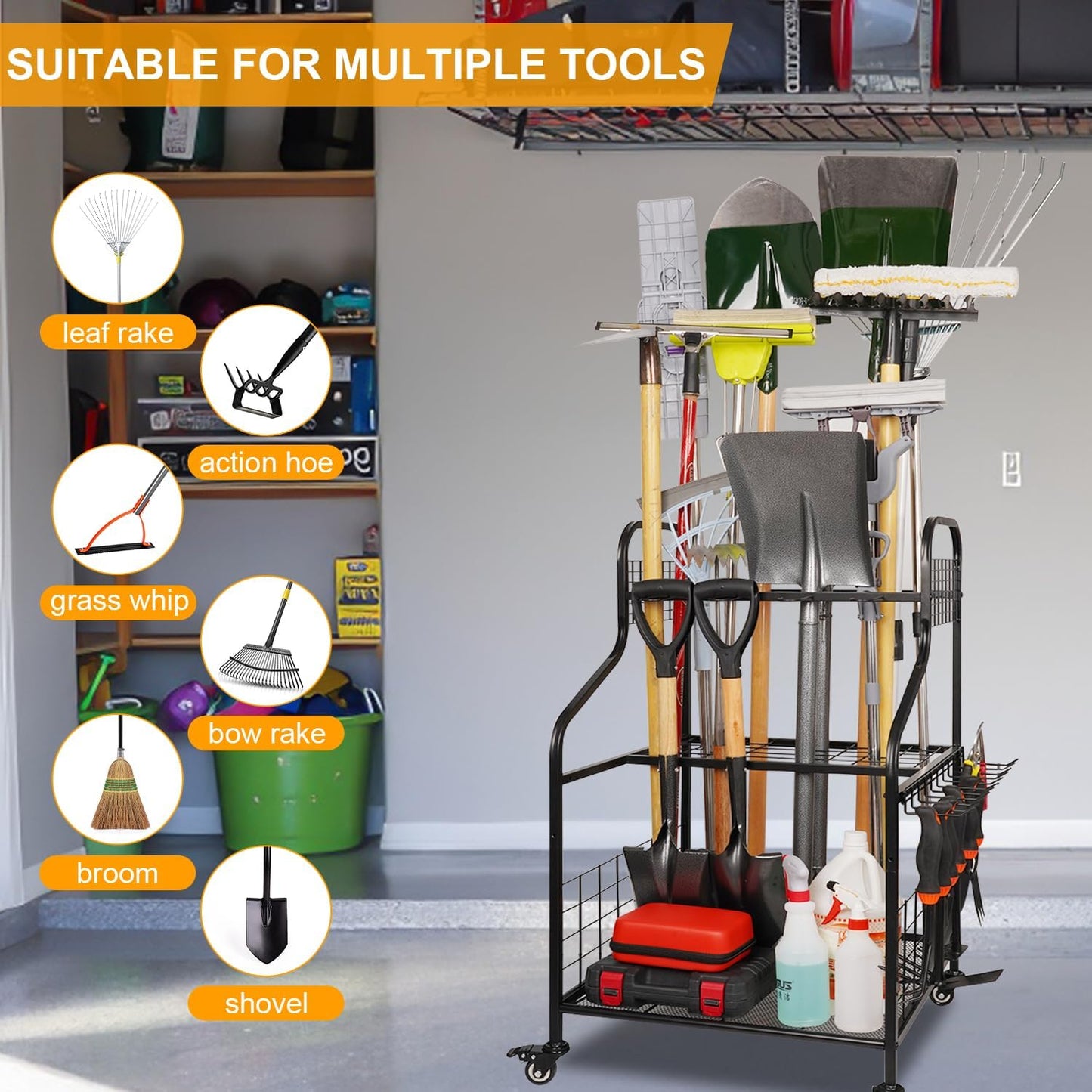 FZK Garden Tool Organizer,Heavy Duty Steel Yard Tool Organizer for Garage,Up to 49 Long-Handled Tools, Garden Tool Storage with Wheels,Garden Tool Organizer for Garage,Black