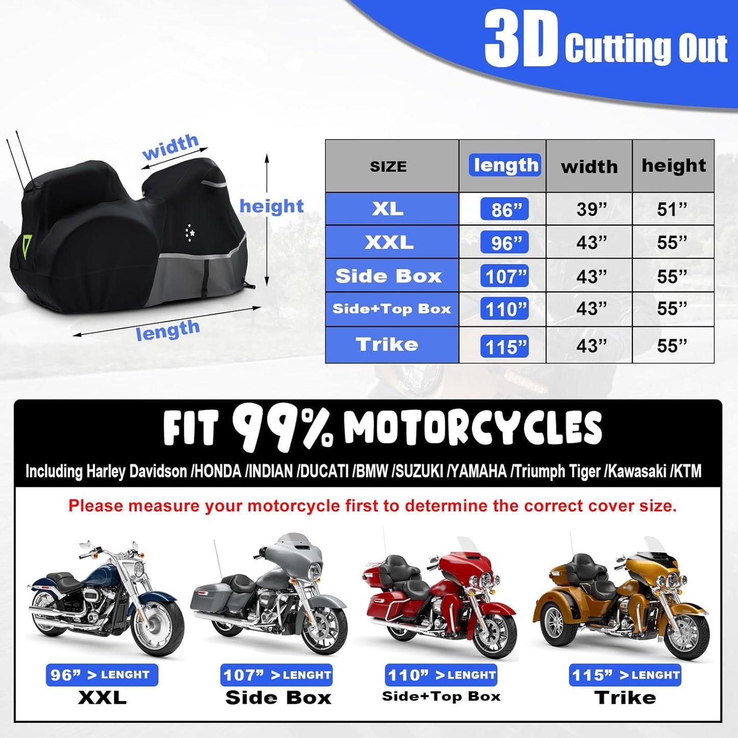 Motorcycle Cover with Side+Top Box Heavy Duty 420D Waterproof for Touring Models Harley Davidson Ultra Limited,Road Glide Limited, Gold Wing,Road Master,Indoor & Outdoor Storage Black/Gray