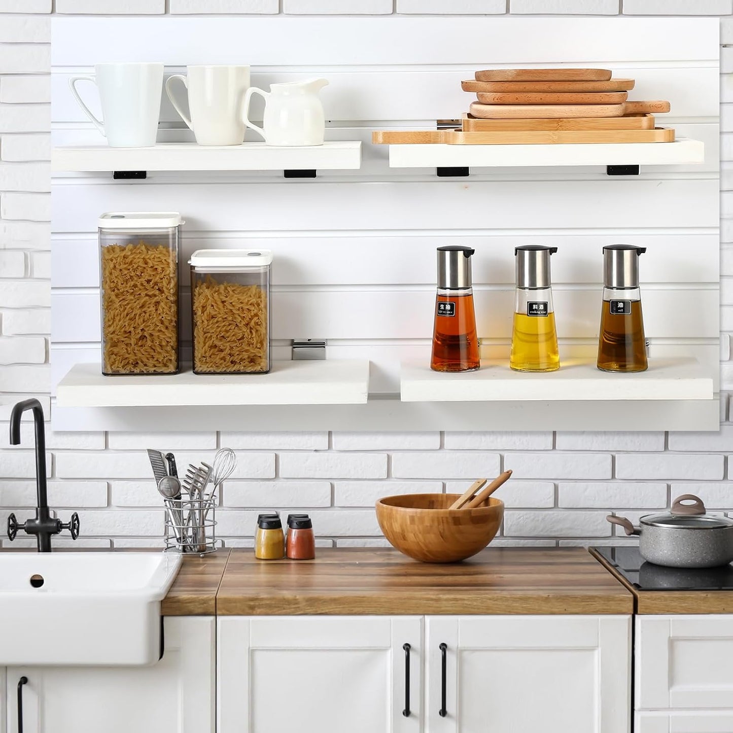 4 Pack Wooden Slatwall Shelf, 16.1" D x 6.7" W x 1.1" H Slatwall Shelves with Metal Hooks Organizer Set Mounted Accessories for Garage Home Workshop Workbench