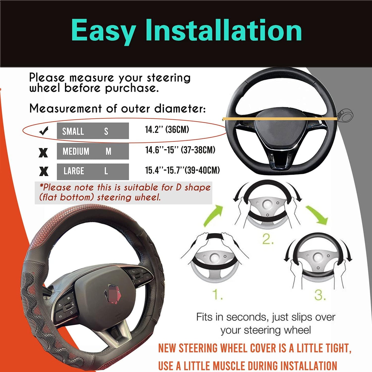 PINCTROT D Shaped 14 Inch Small Sized Steering Wheel Cover Great Grip with 3D Honeycomb Anti-Slip Design, Flat Bottom 14 Inch (Wine Red)