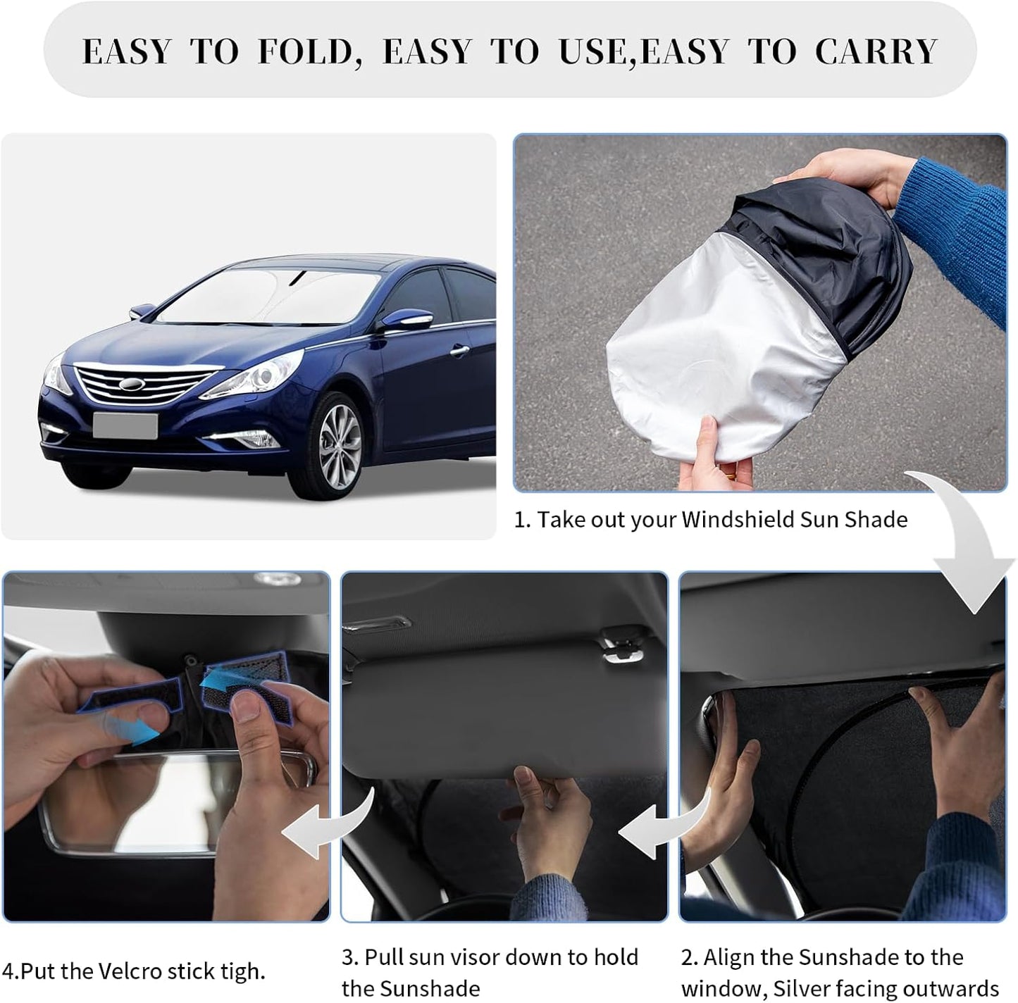 Sun Shade Sunshade for Hyundai Sonata Windshield Cover, 4-Layer Front Window Shade Custom fit Sonata 2014-2019 Sun Visor 240T Retractable Shade Shield Blocks UV Rays Cooler Car Accessories