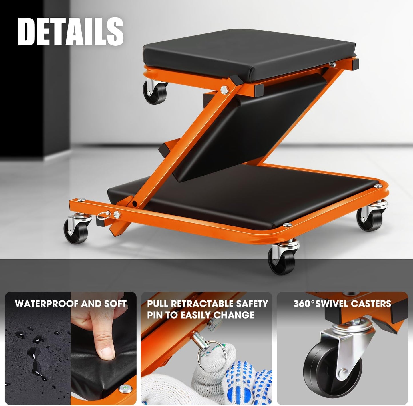 DNA MOTORING 36 Inches 2 IN 1 Rolling Folding Car Creeper/Seat, 6 Pcs 2" Casters, 150kg Weight Capacity, Orange, TOOLS-00185-OG