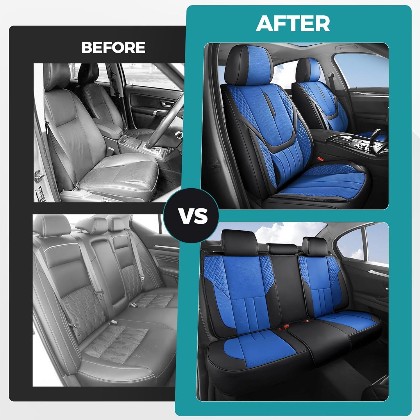 Car Seat Covers Full Set - Universal Seat Covers for Cars SUV Truck – Faux Leather Automotive Seat Covers, Breathable & Waterproof Front and Rear Seat Protectors, Fit for Most Cars-BlackBlue