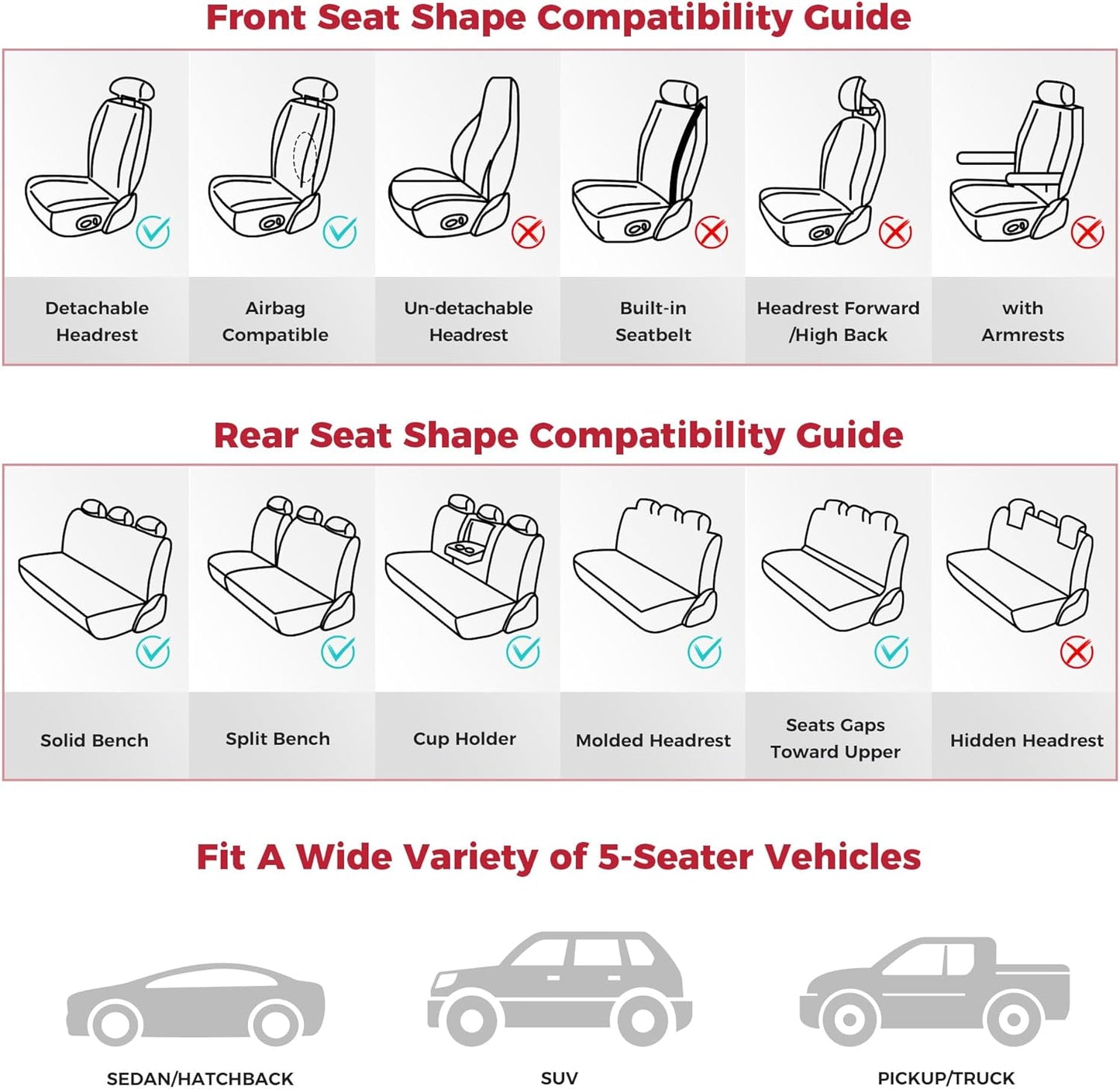 Black Car Seat Covers Full Set - Waterproof Leather Car Seat Protector Universal Fit Escape Fusion Edge Expedition Ranger