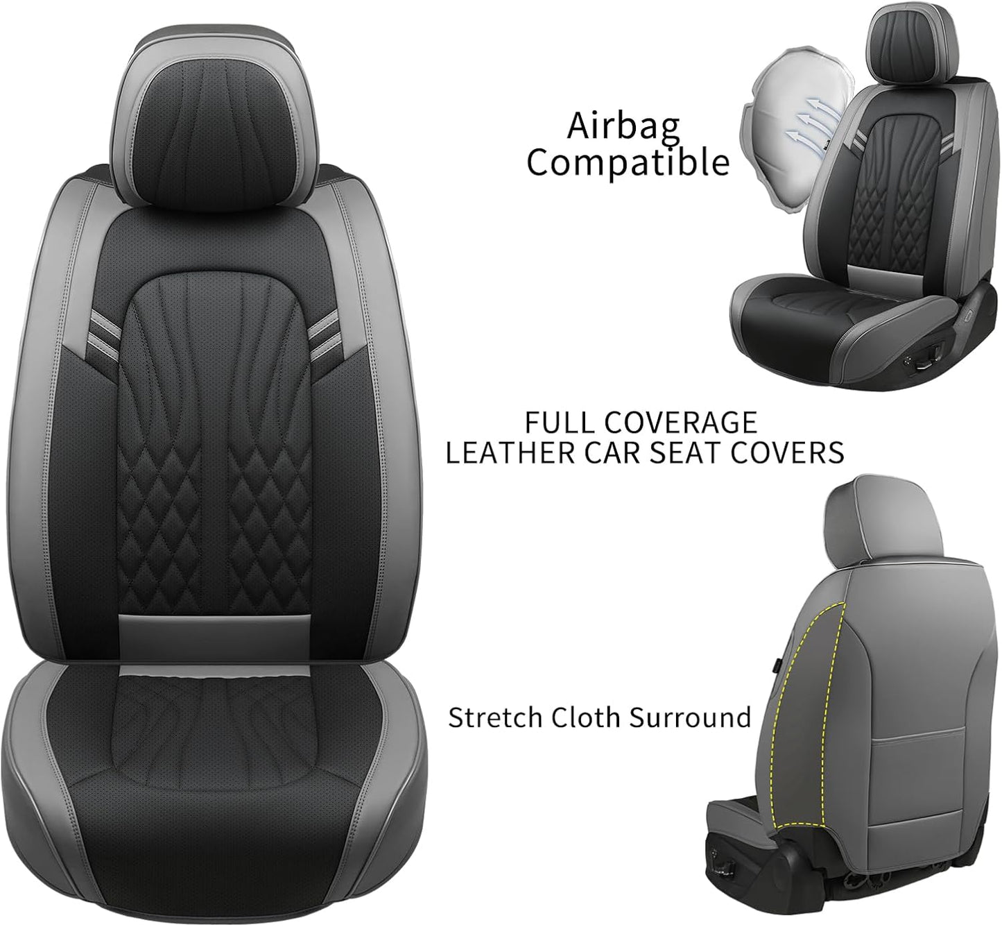 Leather Car Seat Covers,Breathable and Waterproof Faux Leather Automotive Seat Covers for Cars SUV Truck Sedan,Universal Driver Seat Cover Grey&Black