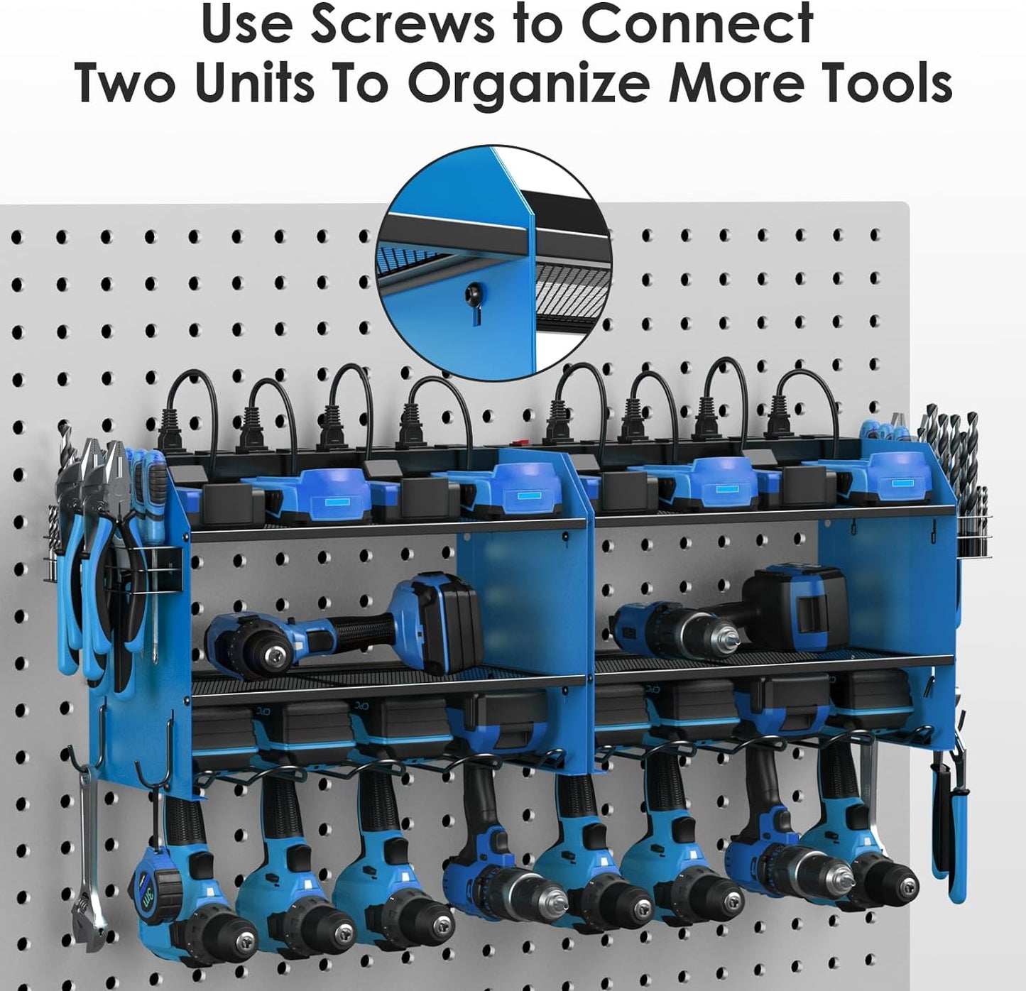 CCCEI Modular Power Tool Organizer Wall Mount with Charging Station. Garage 4 Drill Storage Shelf with Hooks, Screwdriver, Drill Bit Heavy Duty Rack, Tool Battery Holder Built in 8 Outlet Power Strip.