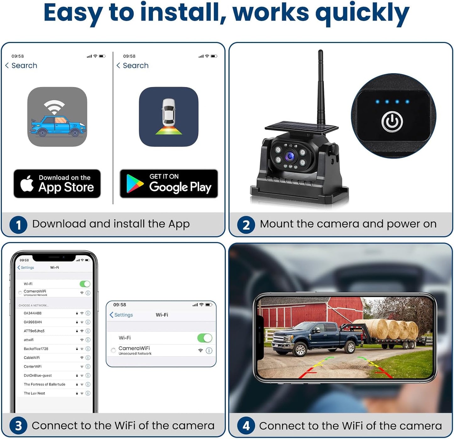 Hikity Wireless Backup Camera Solar Magnetic WiFi, HD 1080P Rechargeable Rear View Camera for Truck/Trailer/RV/Camper, IP68 Waterproof Reverse Camera, Clear Nigh Version, Wide Angle