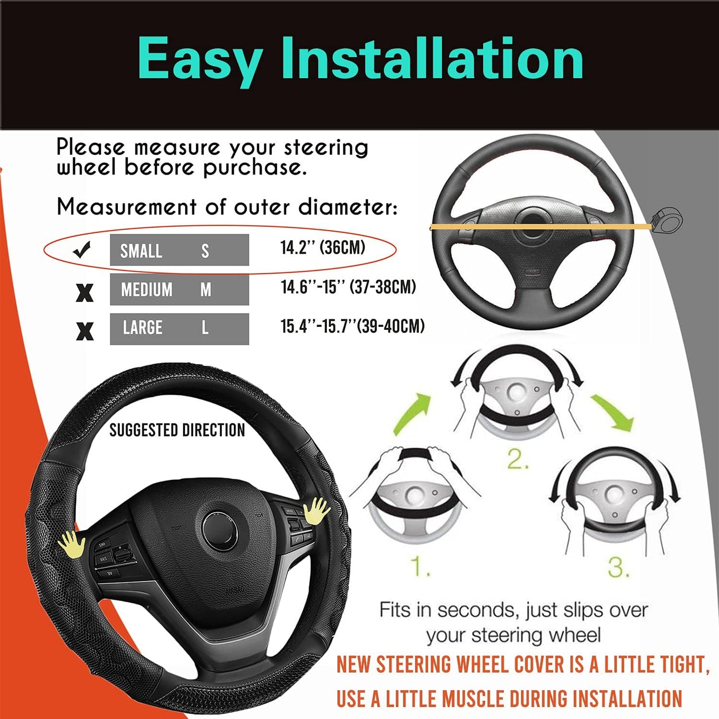 PINCTROT Small Size Steering Wheel Cover Great Grip with 3D Honeycomb Anti-Slip Design, 14 Inch (All Black)