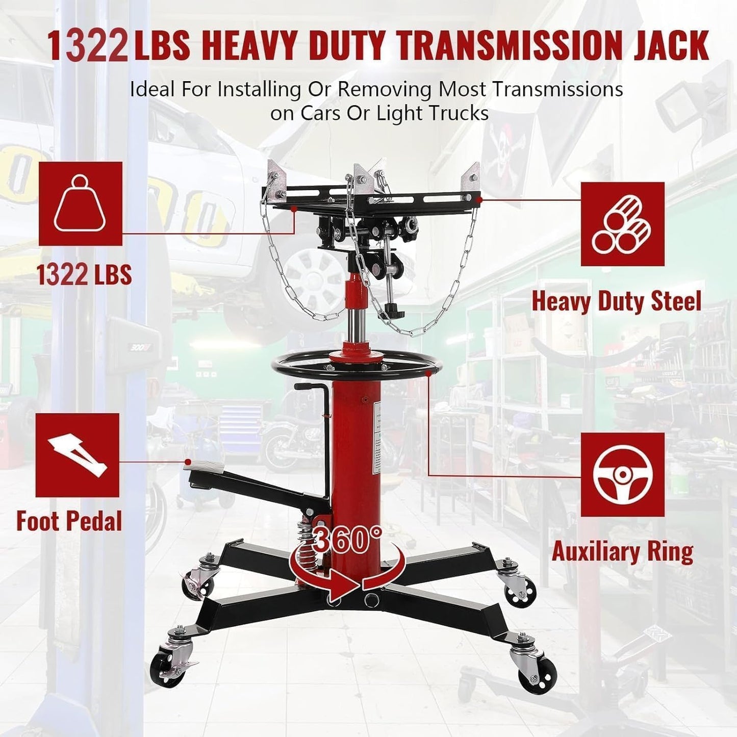 Transmission Jack 1322 LBS Hydraulic Telescoping 2-Stage Lift Jack Stand 33.8"-72.8" High Lift Transmission Jacks with Foot Pedal & 360° Swivel Wheels for for Garage/Workshop Car and Truck Repairs