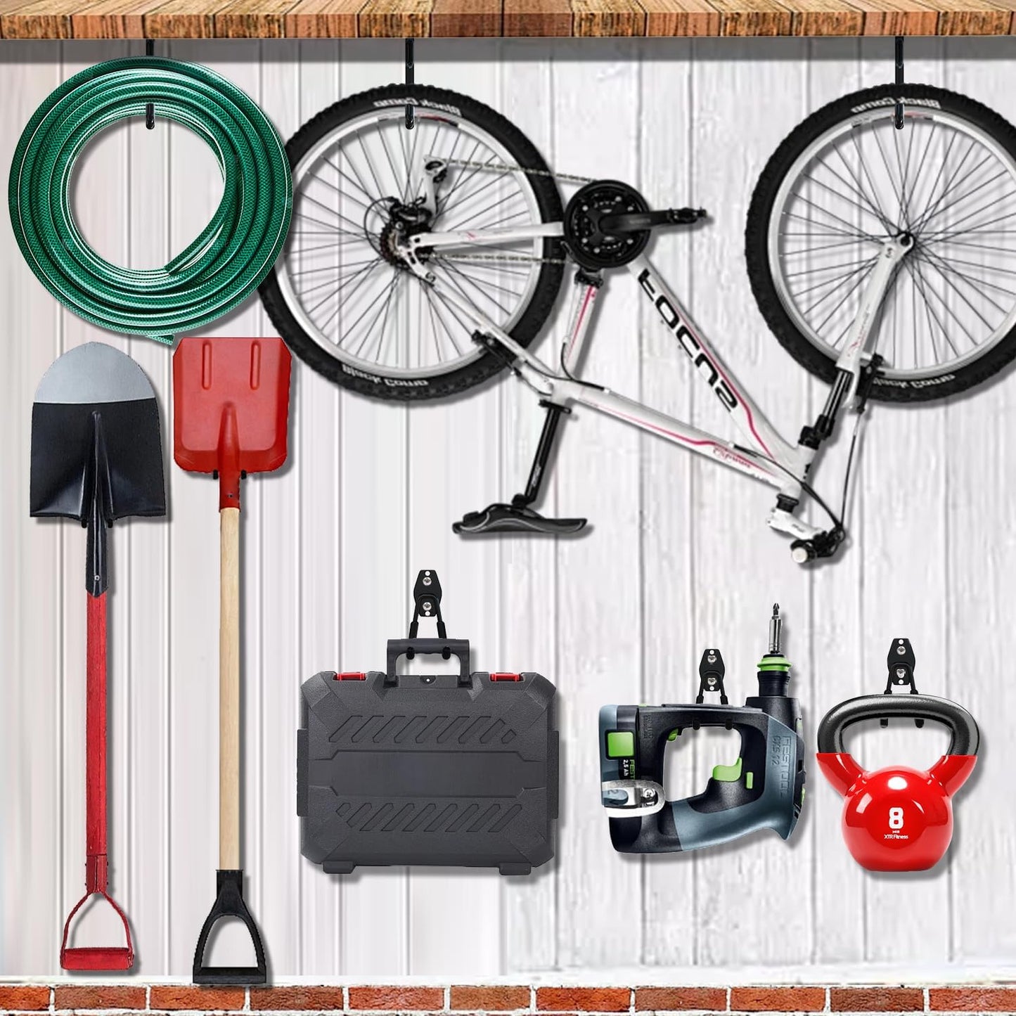 3-H Weed Eater Hanger 4 Pack,2 Garden Hose Holder,2 Screw in Hooks,Utility Weedeater Rack,Tool Hangers for Organizing and Hanging Weed Wacker,Leaf Blower,String Trimmer in Garden