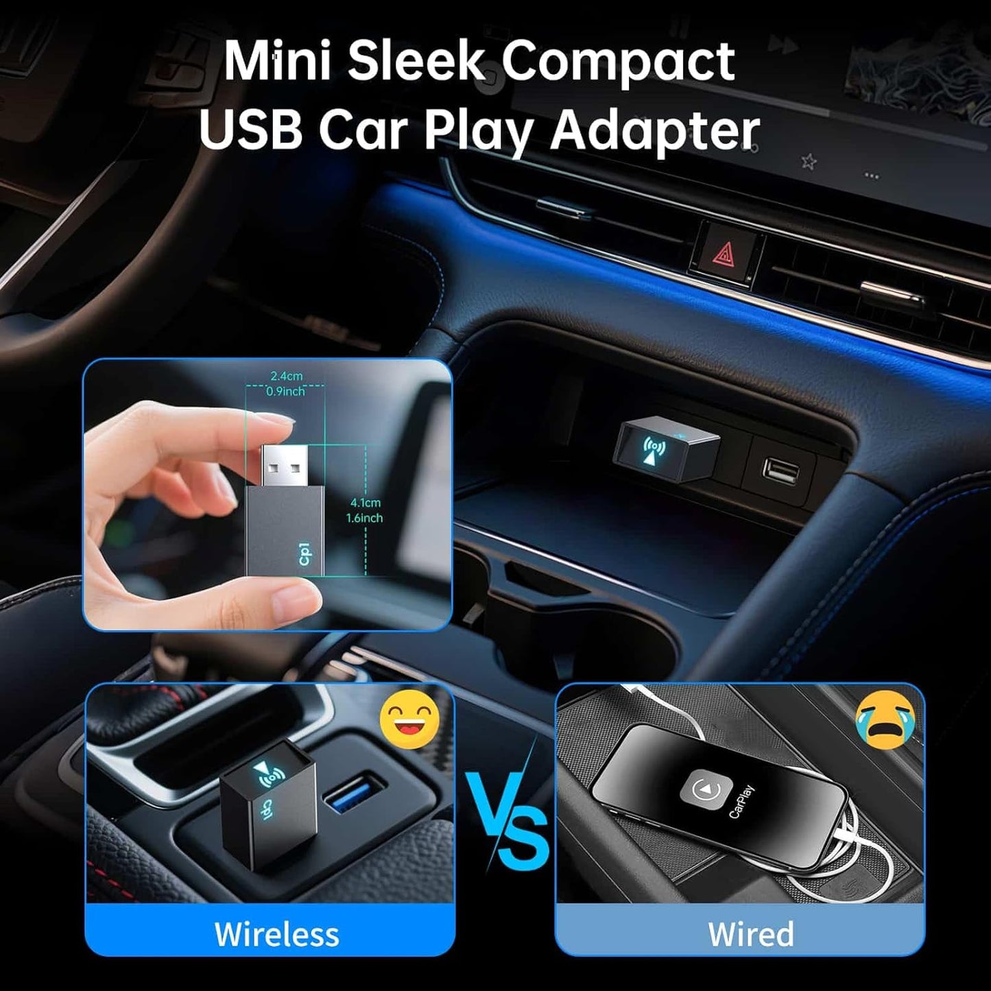 Carplay Wireless Adapter for Apple iPhone - Convert Wired to Wireless Bluetooth Car Play Adapters for Cars from 2016 and iOS 10+, No Latency,Plug and Play Easy Use, Mini USB Type A Black